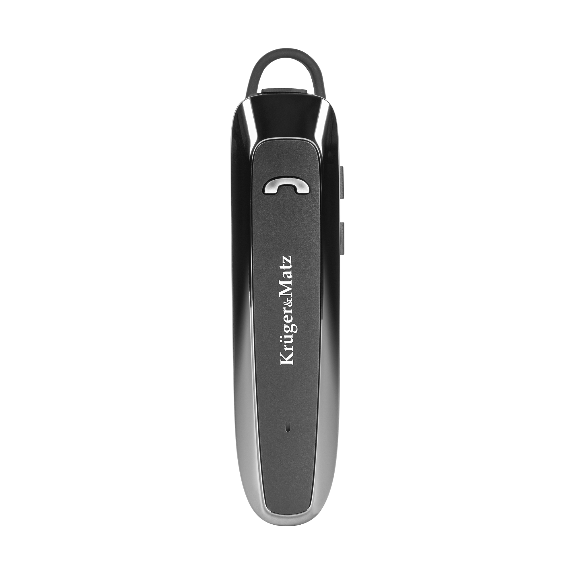 Czarny zestaw słuchawkowy Bluetooth Kruger&Matz z zaczepem na ucho na czarnym tle.