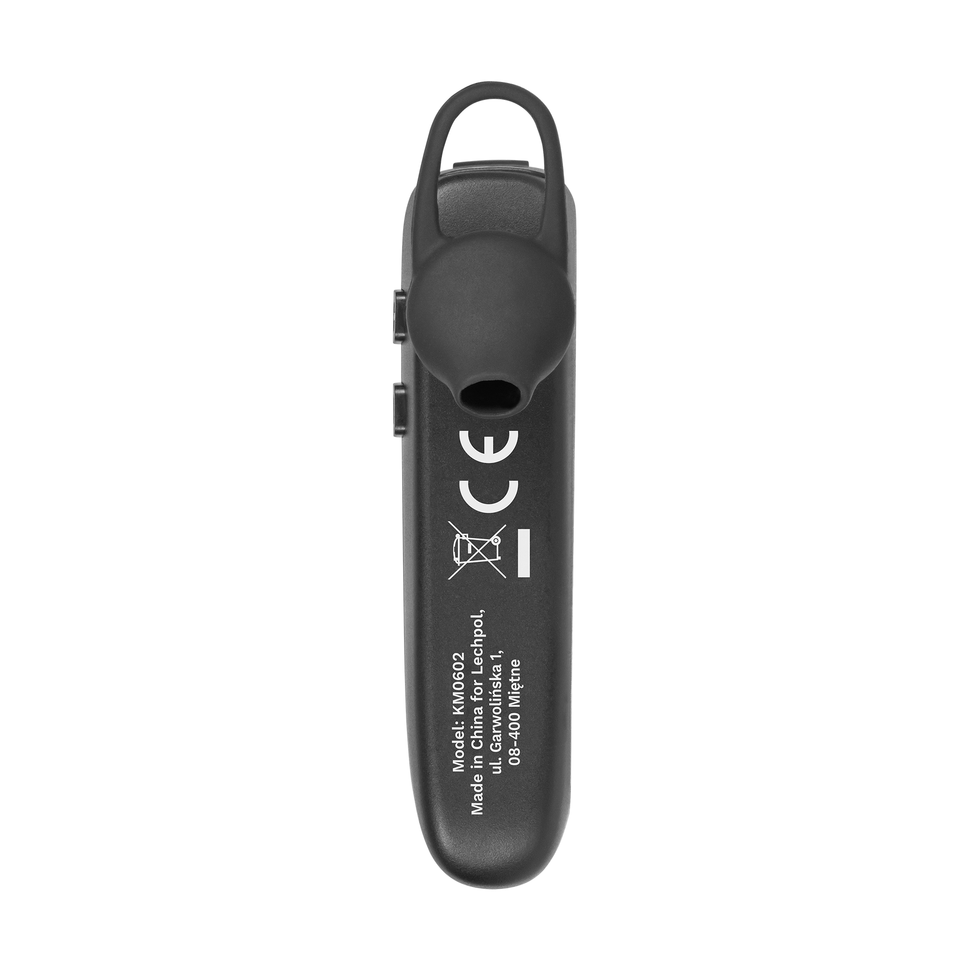 Czarna słuchawka Bluetooth z zaczepem na ucho i oznaczeniem CE na czarnym tle.