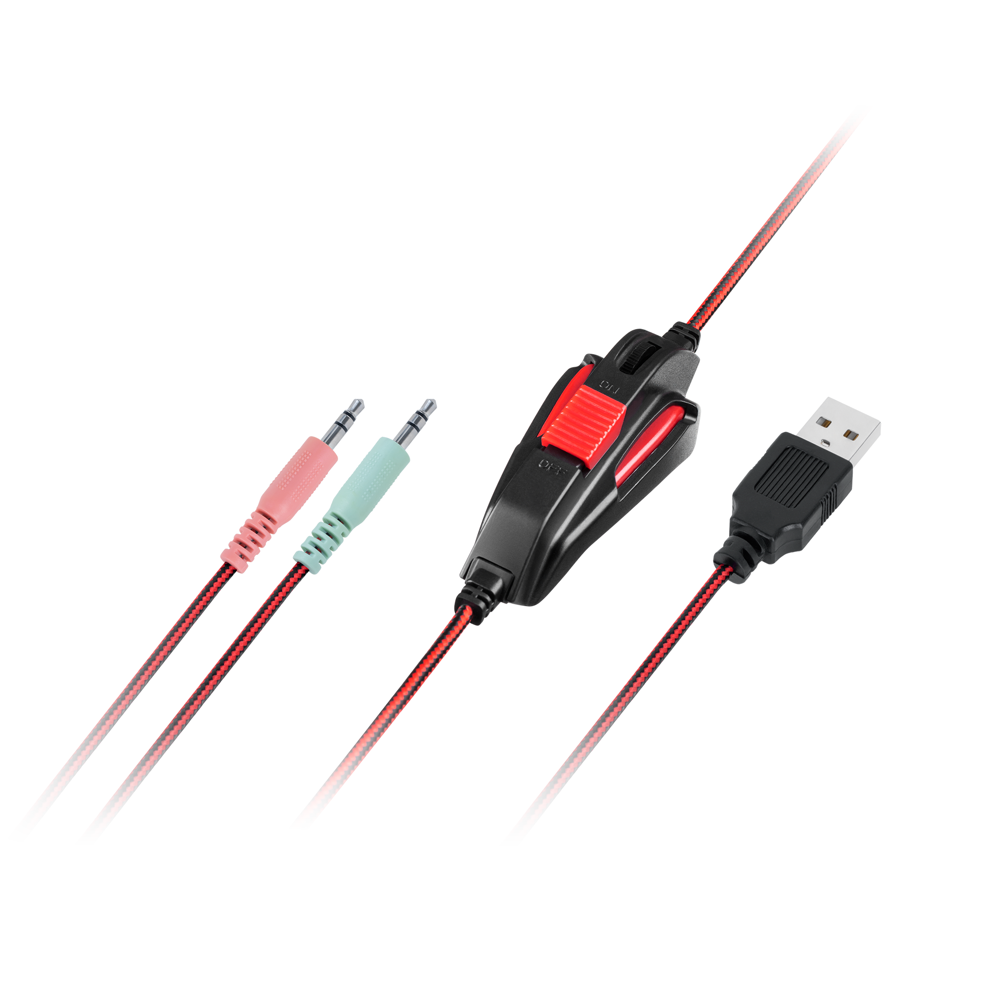 Czarno-czerwony kabel słuchawkowy z pilotem głośności, złączem USB i dwoma wtyczkami jack 3,5 mm na czarnym tle.