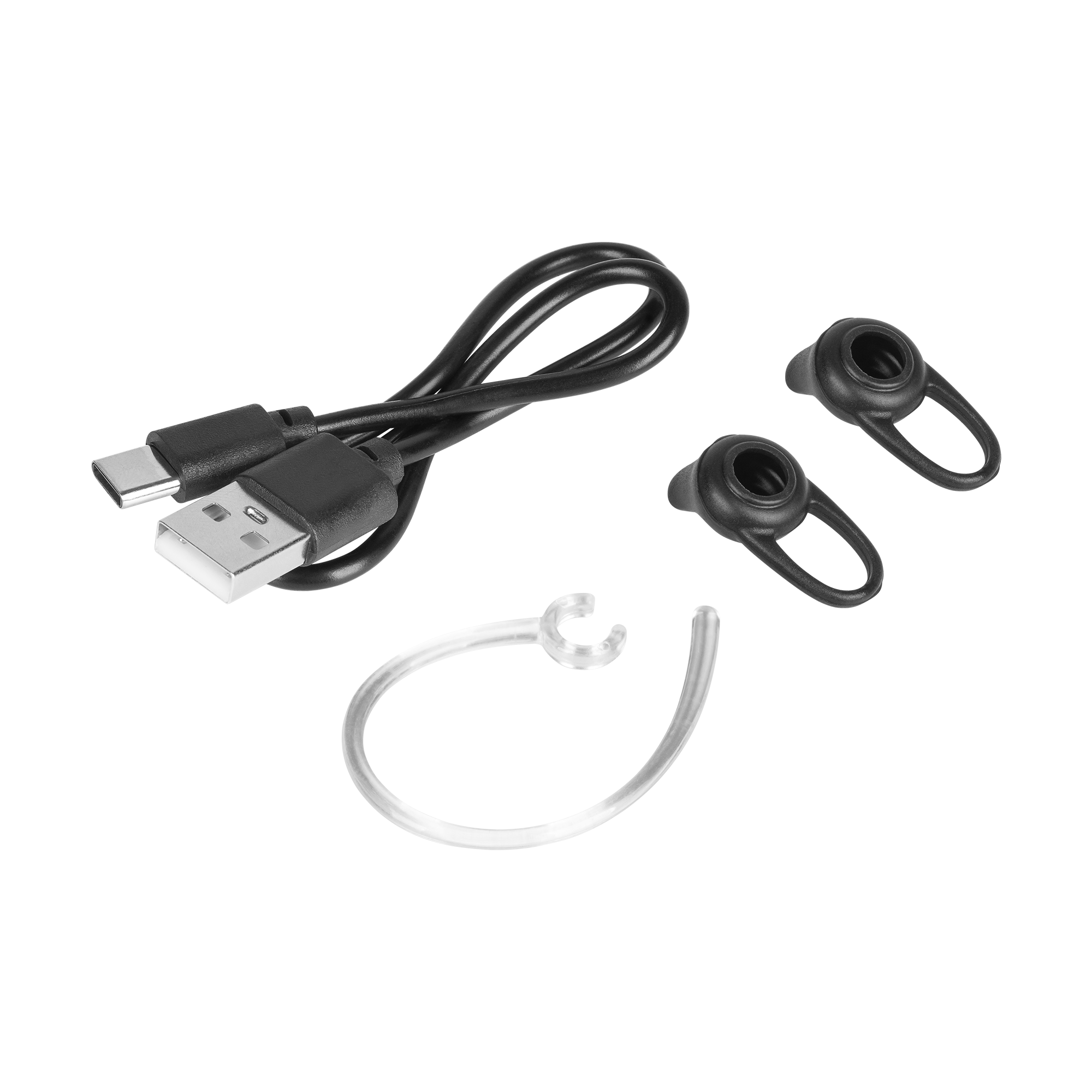 Czarny kabel USB-A do USB-C, dwa czarne zaczepy na uszy i jeden przezroczysty na czarnym tle.