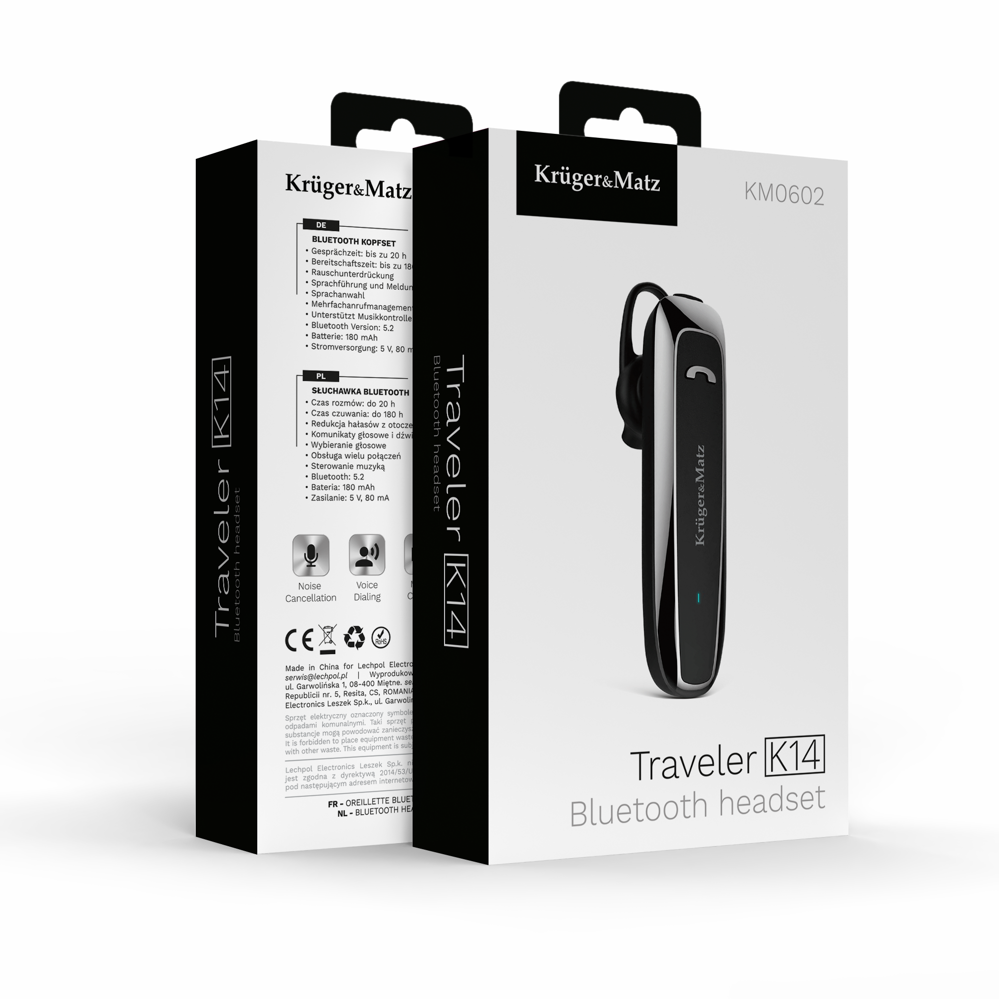 Opakowanie produktu dla czarnego słuchawki Bluetooth Kruger&Matz Traveler K14.