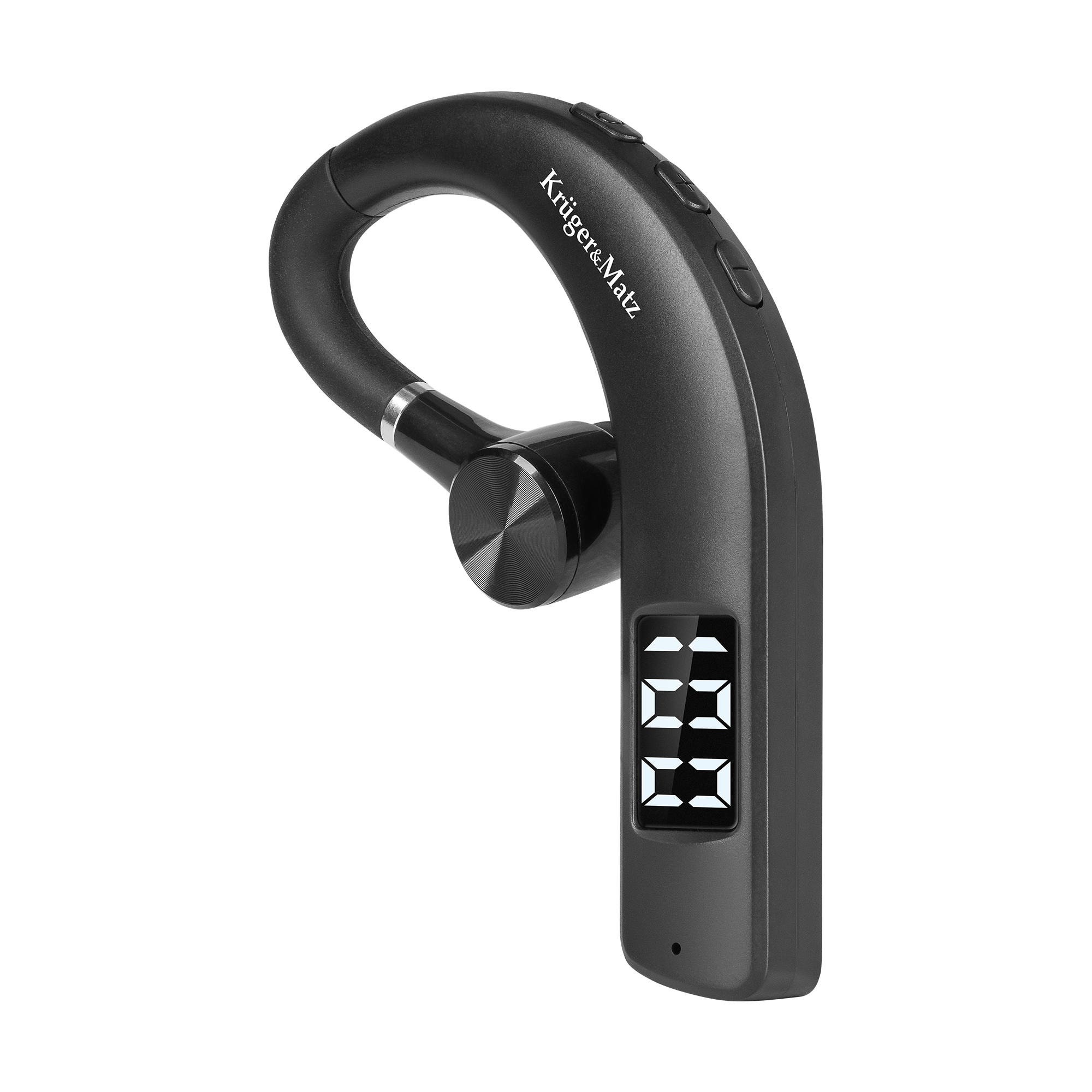 Czarna słuchawka bluetooth Kruger&Matz z cyfrowym wyświetlaczem i przyciskami na czarnym tle.