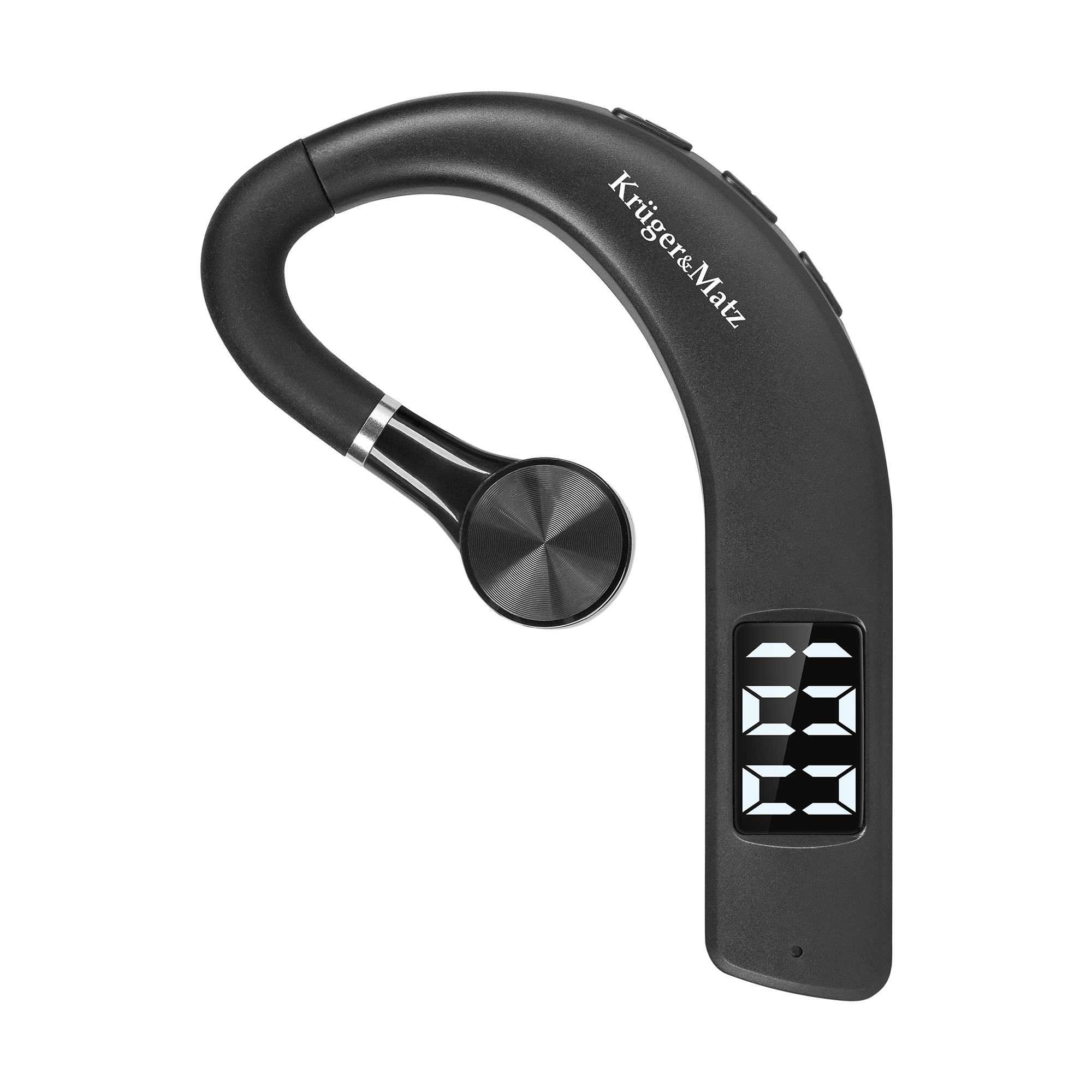 Czarny zestaw słuchawkowy Bluetooth Kruger&Matz z zaczepem na ucho i cyfrowym wyświetlaczem baterii.