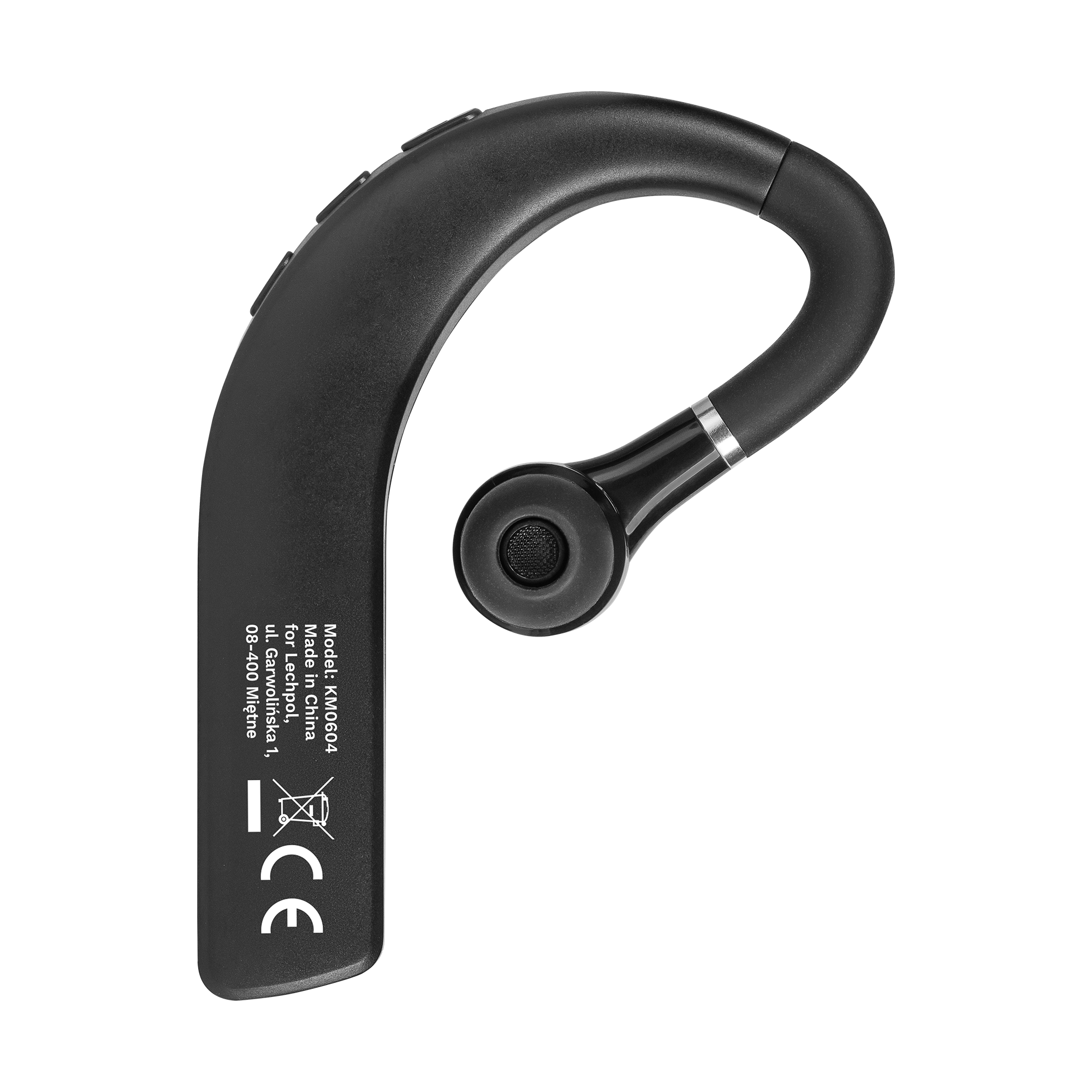 Czarna słuchawka Bluetooth z zaczepem na ucho, model KM0604, na czarnym tle.