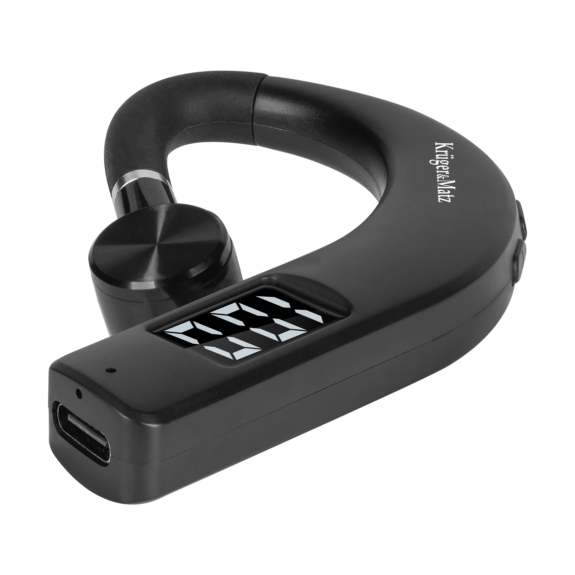 Czarny zestaw słuchawkowy Bluetooth Kruger&Matz z zaczepem na uszy, cyfrowym wyświetlaczem i portem USB-C na czarnym tle.