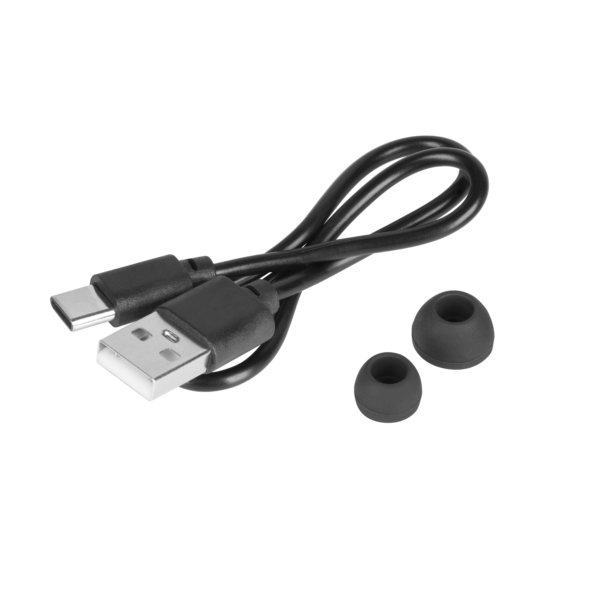 Zwinięty czarny kabel USB ze złączami USB-C i USB-A obok dwóch małych czarnych gumek do dokanałówek na czarnym tle.
