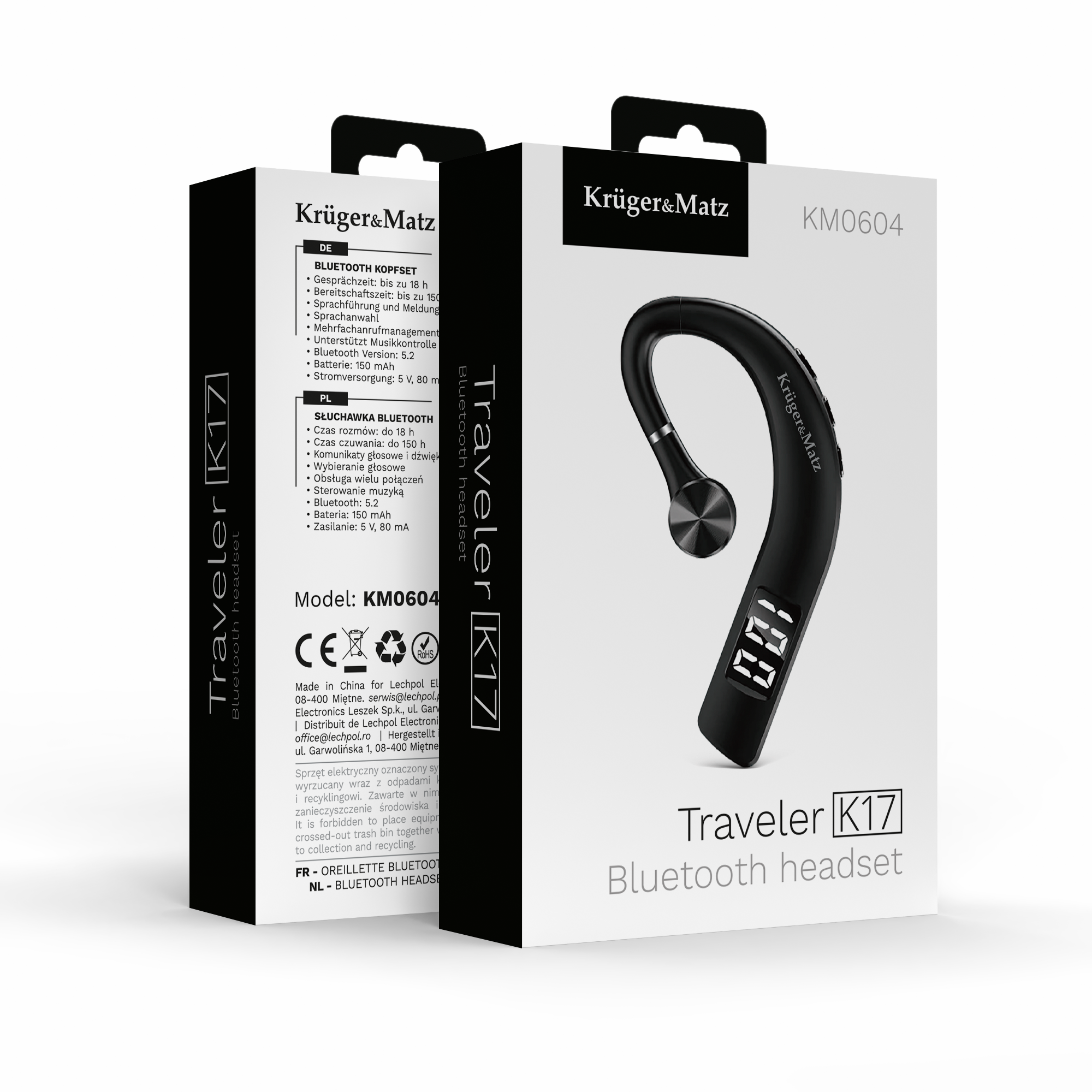 Opakowanie produktu słuchawki Bluetooth Kruger&Matz Traveler K17 w kolorze białym z czarnymi akcentami.
