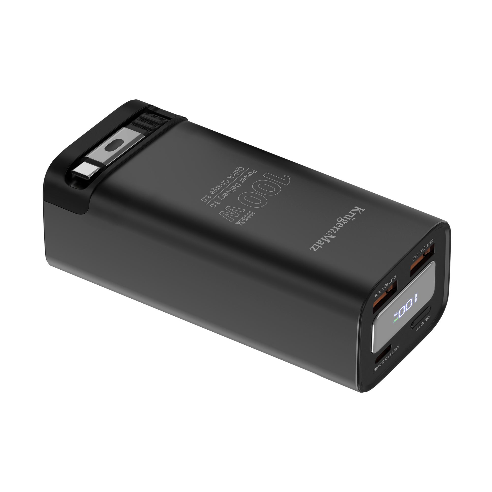 Czarny powerbank Kruger&Matz 100W z cyfrowym wyświetlaczem na czarnym tle.