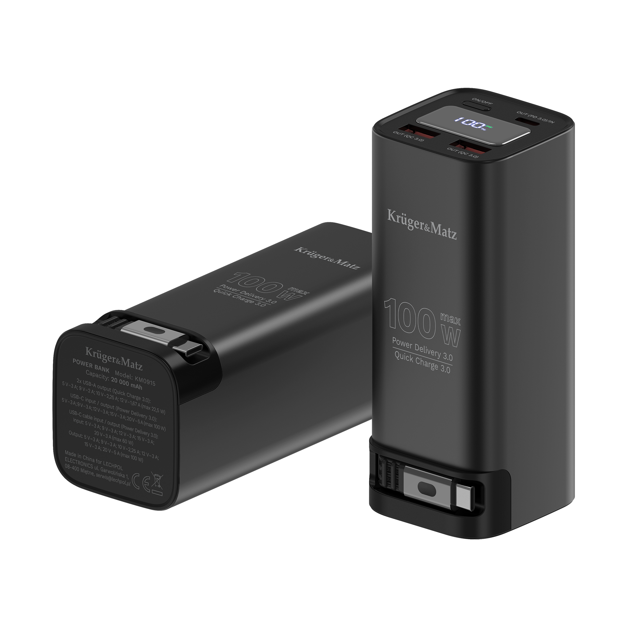 Dwie czarne powerbanki Kruger&Matz 100W z cyfrowym wyświetlaczem i różnymi portami na czarnym tle.