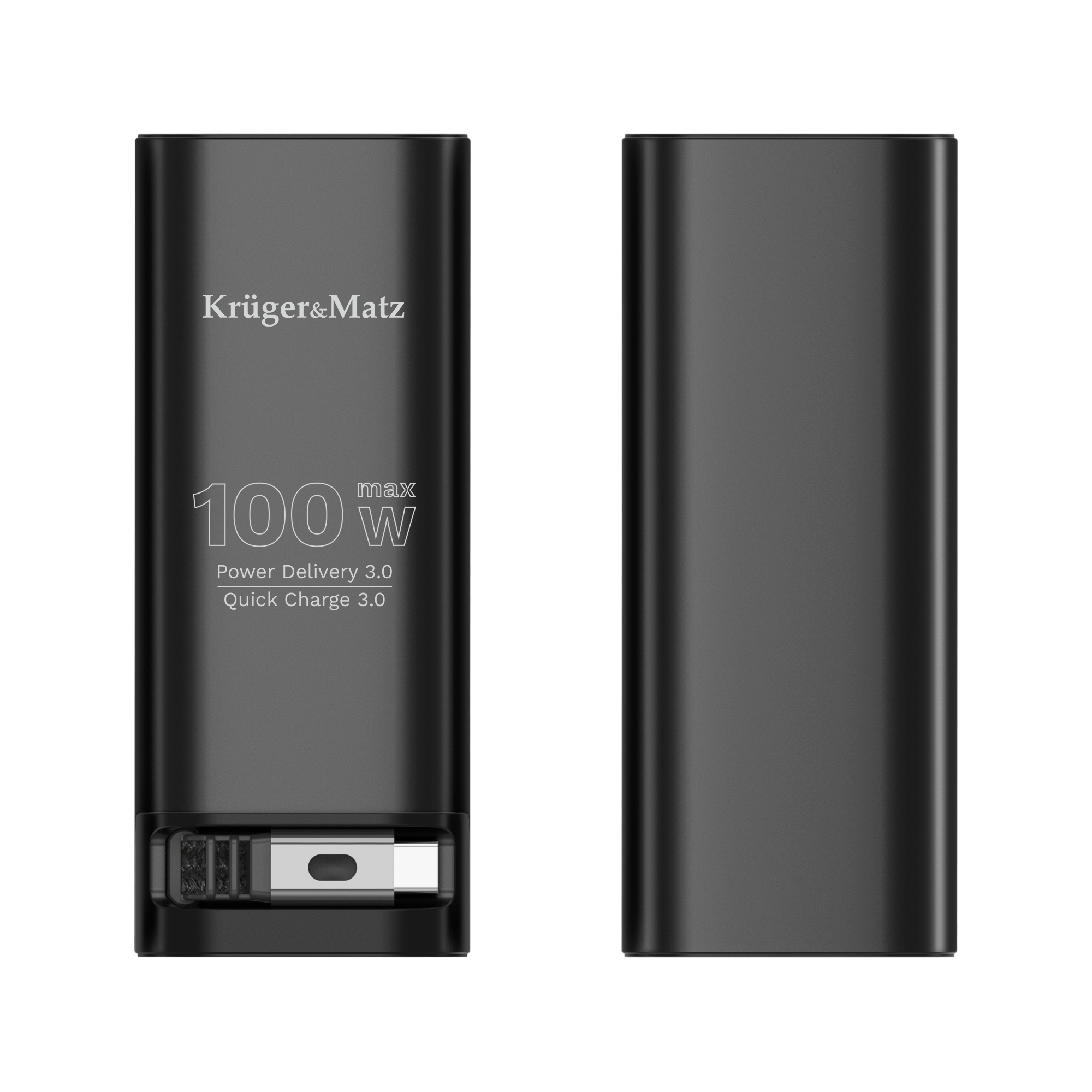 Czarny powerbank Kruger&Matz 100W z Power Delivery 3.0 i Quick Charge 3.0, widok z przodu i z tyłu.