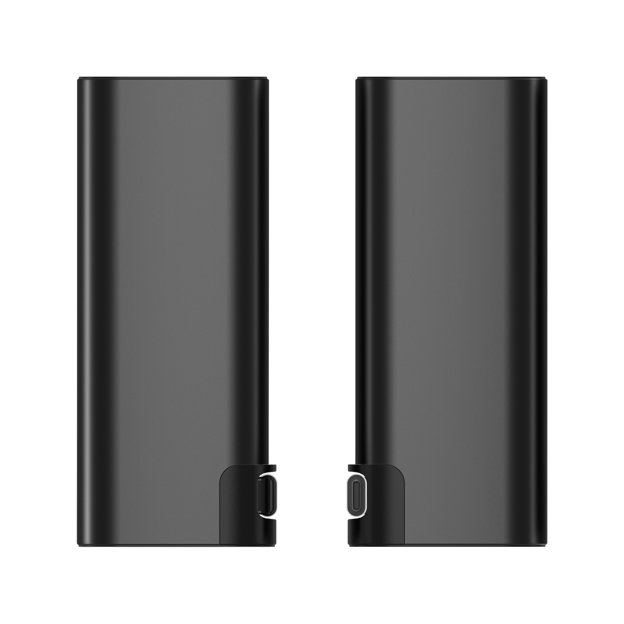 Dwa czarne powerbanki z portami USB-C na czarnym tle.