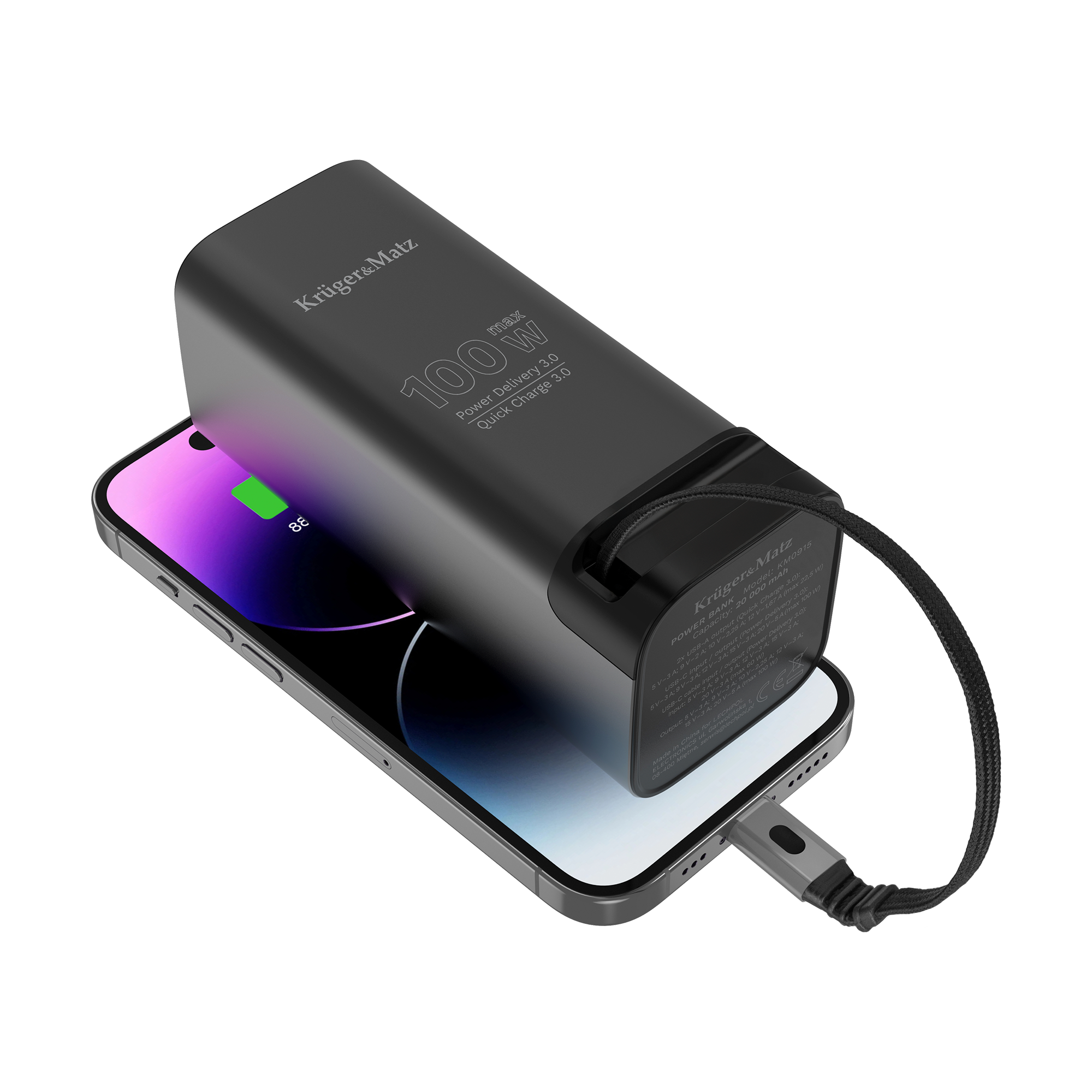 Szary power bank 100W ładuje szary smartfon na czarnym tle.