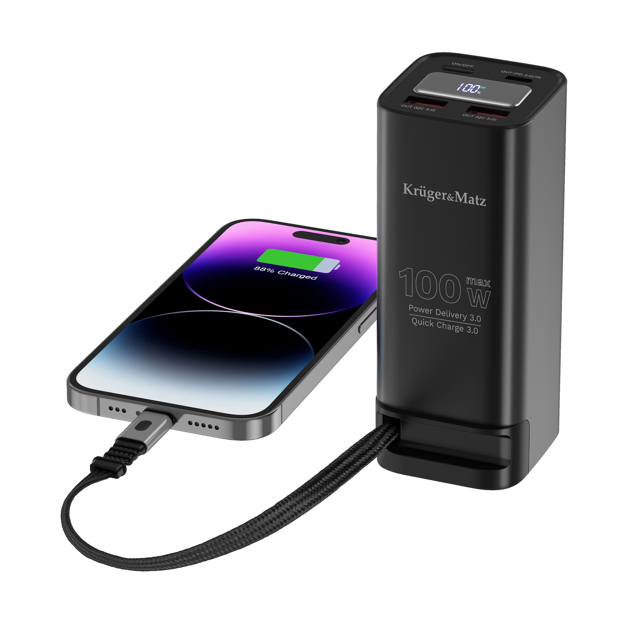 Czarny powerbank Kruger&Matz ładuje smartfon za pomocą podłączonego kabla.