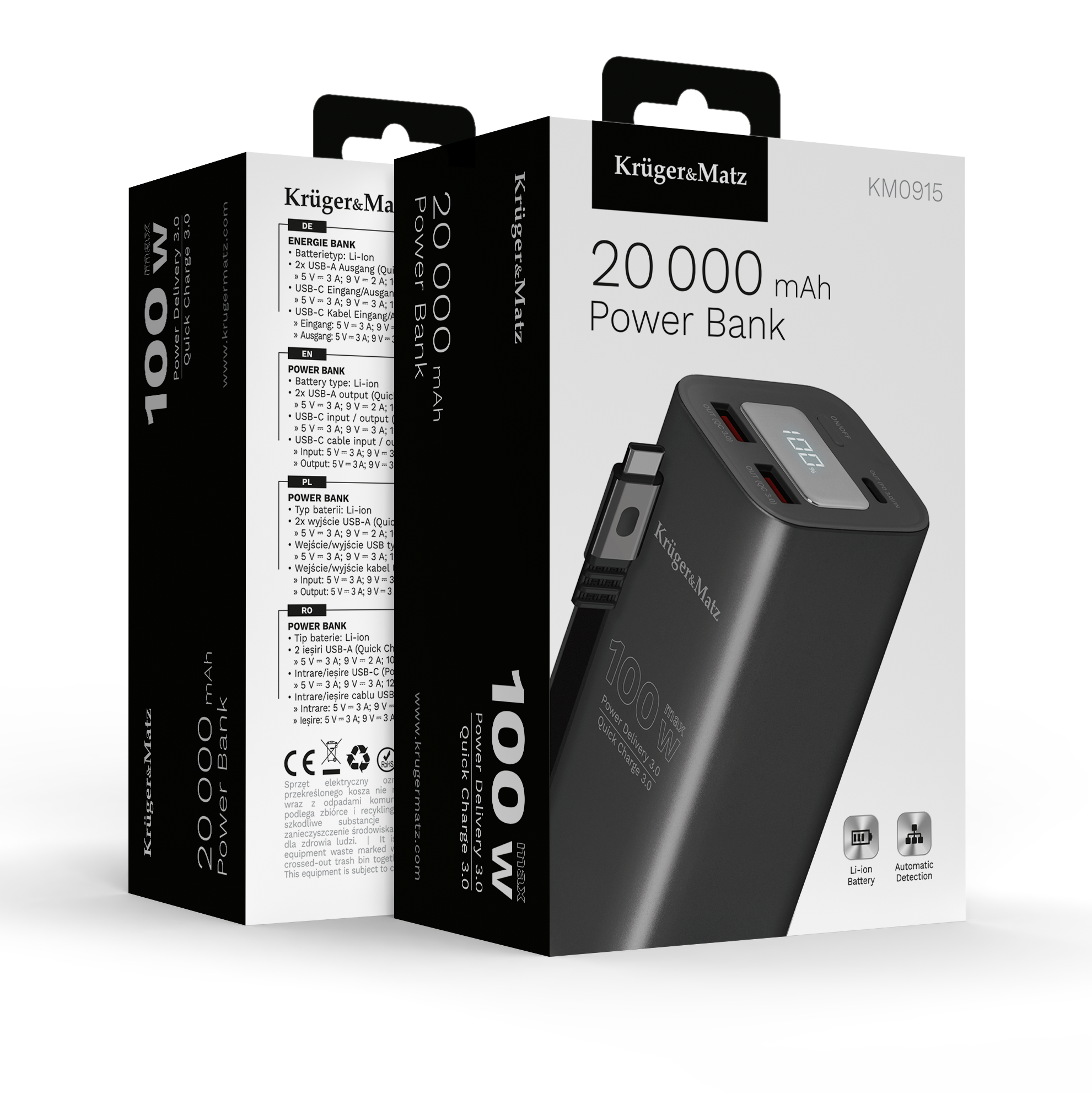 Opakowanie powerbanku Krüger&Matz 20 000 mAh ze specyfikacją i zdjęciem produktu na czarnym tle.