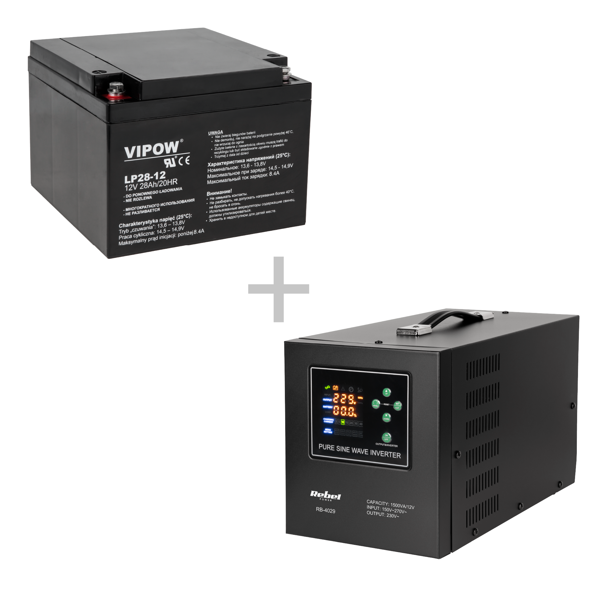 Akumulator Vipow 12V i falownik Rebel Pure Sine Wave, rozdzielone znakiem plus na czarnym tle.