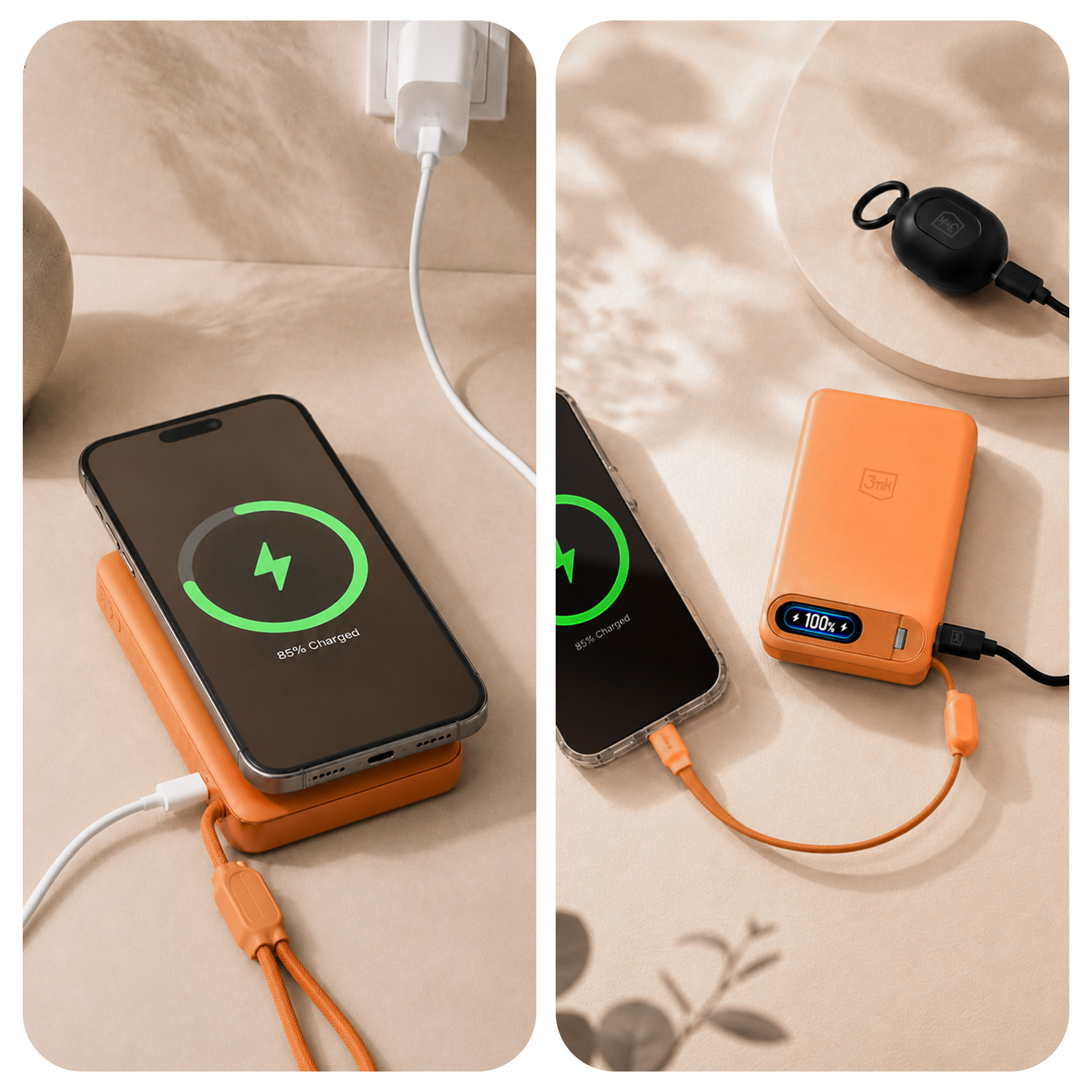 Pomarańczowy powerbank ładujący smartfon i inne urządzenie na beżowej powierzchni.