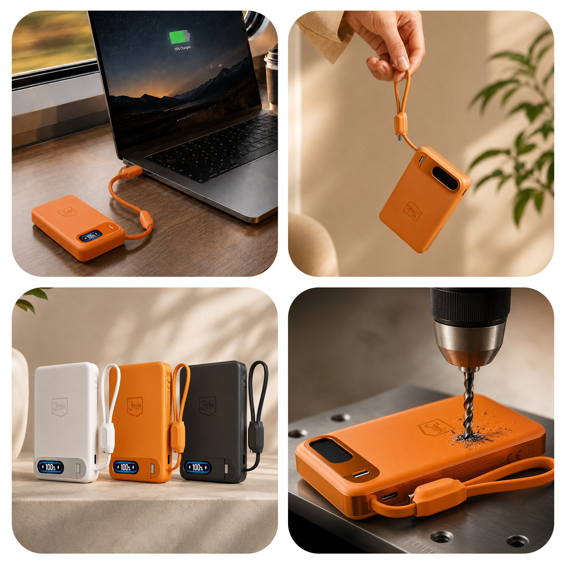 Pomarańczowy powerbank ładujący laptopa na drewnianym biurku z malowniczą tapetą.