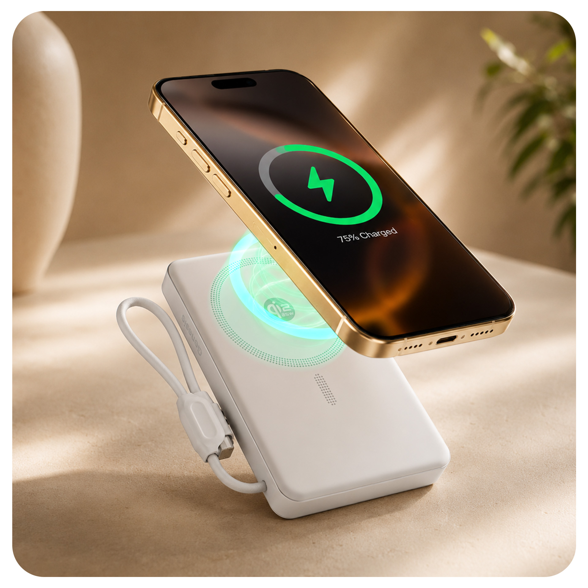 Smartfon ładowany bezprzewodowo na białej podstawce z zielonym świecącym pierścieniem.