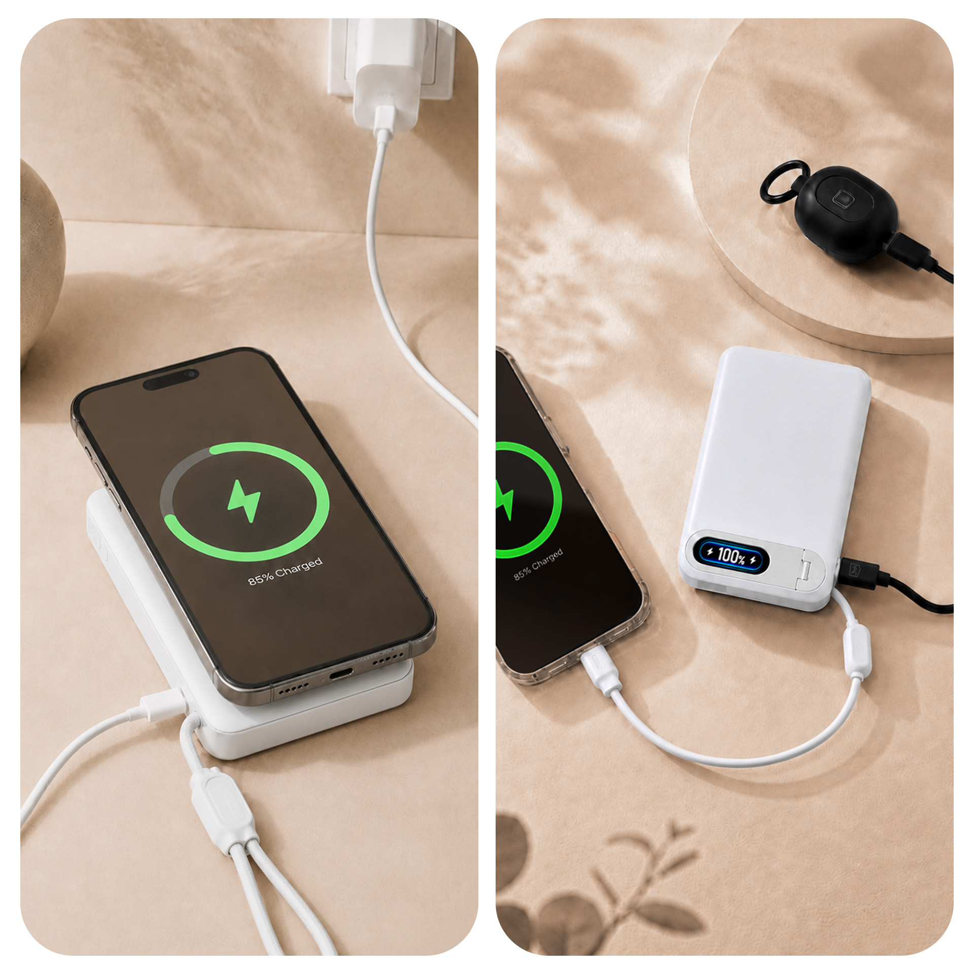 Smartfon ładuje się bezprzewodowo na powerbanku, połączony białymi kablami na beżowej powierzchni.