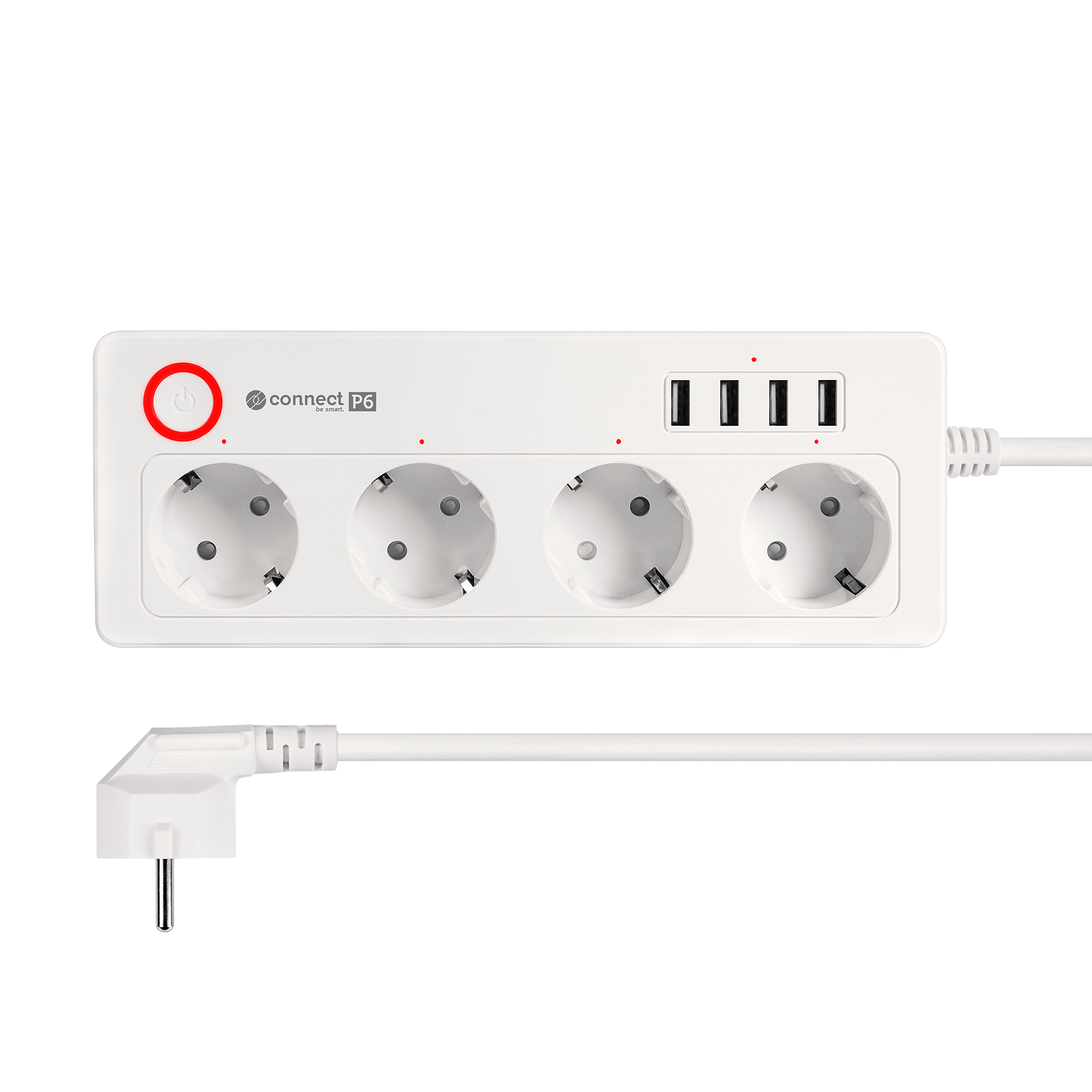 Biała listwa zasilająca z czterema gniazdami, czterema portami USB, czerwonym wyłącznikiem i białym kablem na czarnym tle.
