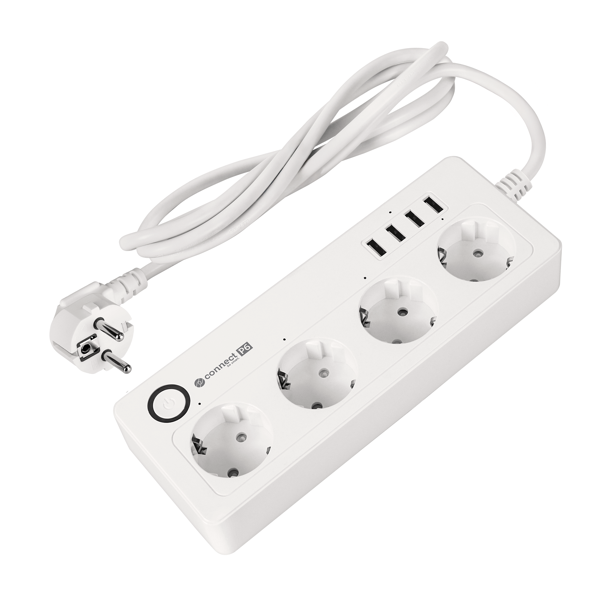 Biała listwa zasilająca z czterema gniazdami, czterema portami USB i wtyczką na czarnym tle.