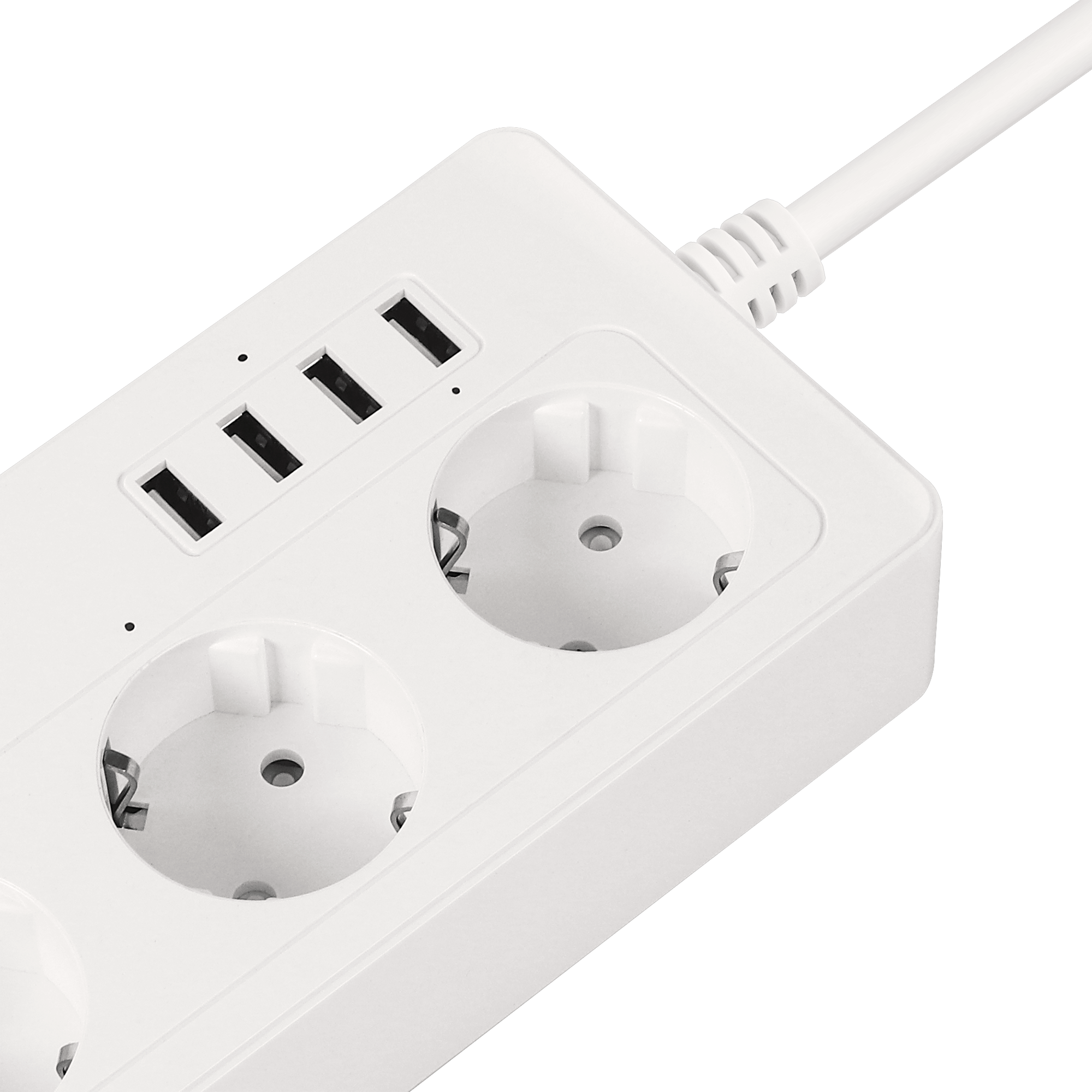 Biała listwa zasilająca z dwoma gniazdami i czterema portami USB na czarnym tle.