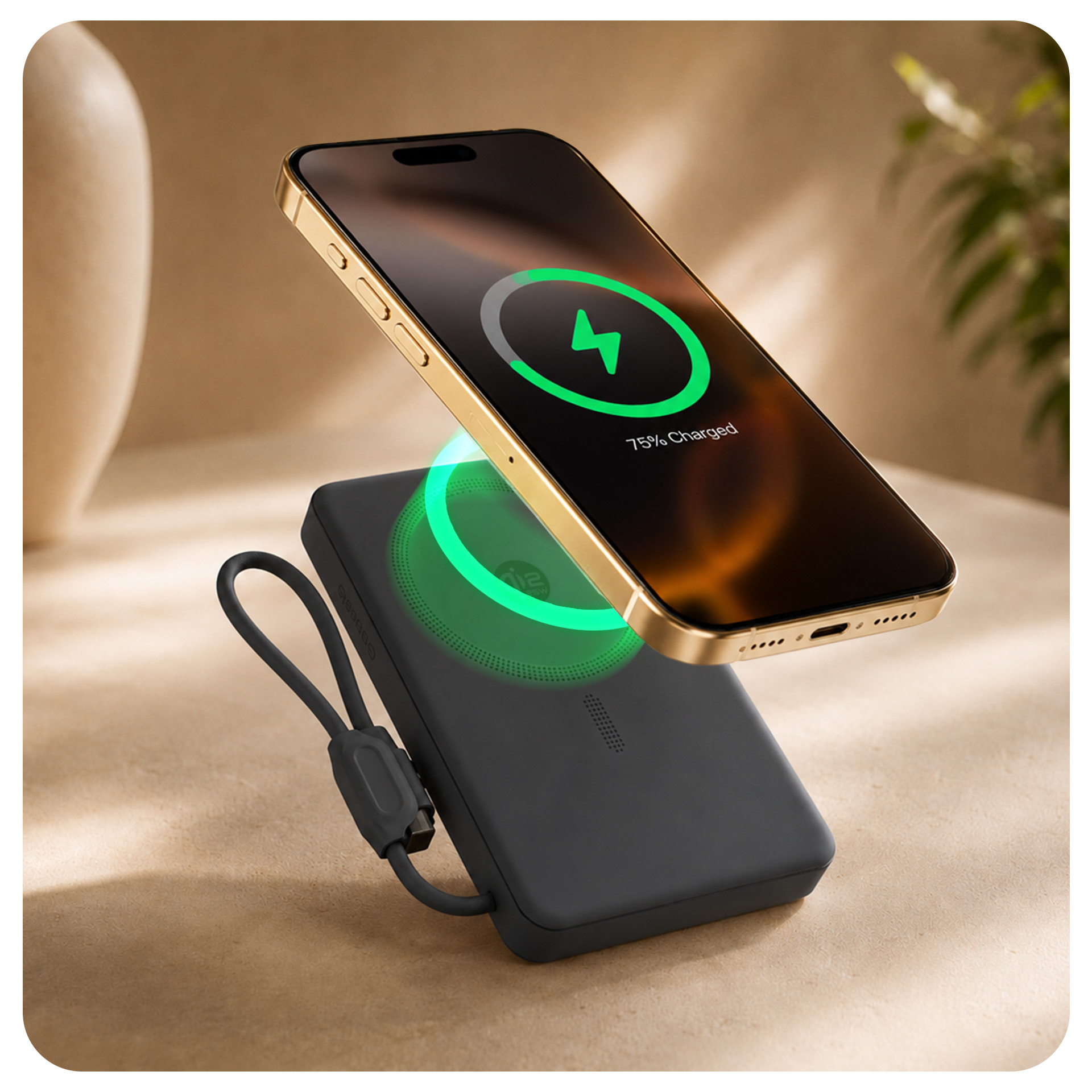 Smartfon ładuje się bezprzewodowo na czarnym powerbanku z zielonym pierścieniem świetlnym.