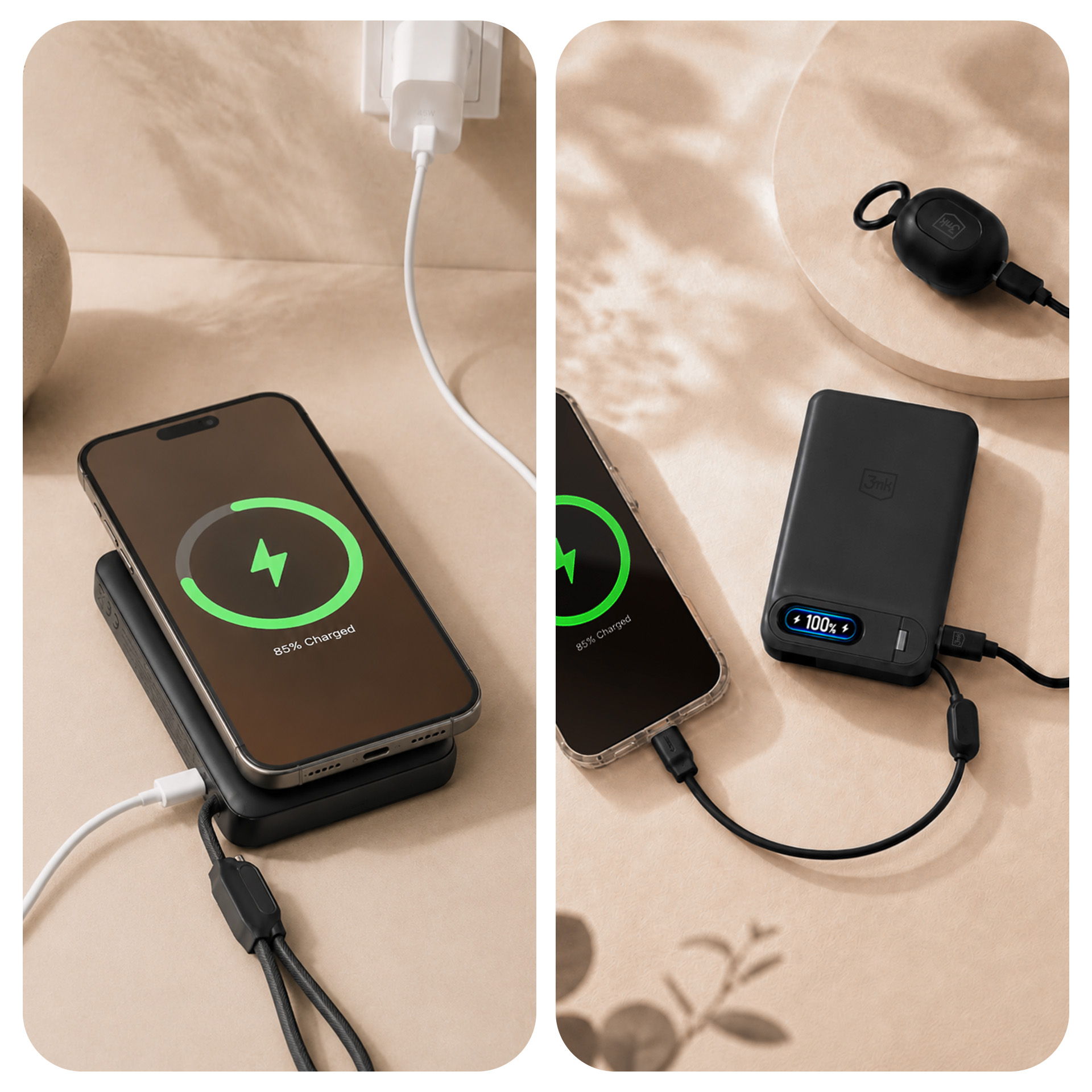 Smartfon ładowany bezprzewodowo na powerbanku z zielonym pierścieniem na ekranie.