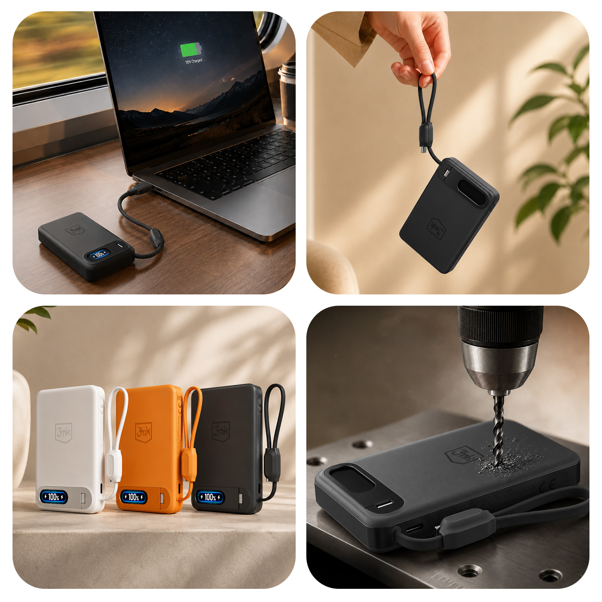 Kolaż przedstawiający powerbank ładujący laptopa, trzymany za pasek, w trzech kolorach oraz podczas wiercenia.