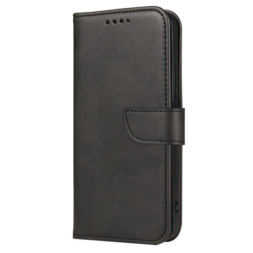 Una custodia per telefono a libro in pelle nera chiusa con chiusura magnetica, su sfondo bianco.