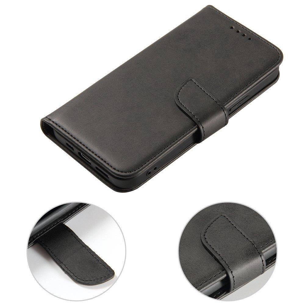 Una custodia a libro per smartphone in pelle nera con due primi piani della chiusura magnetica e delle cuciture.