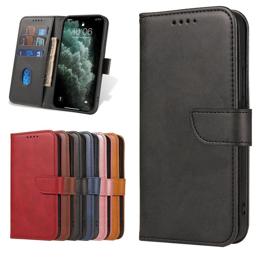 Custodia a portafoglio in pelle nera con porta carte e smartphone. Sotto varie custodie colorate.