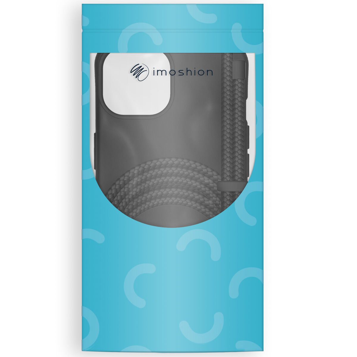 Emballage bleu à motifs avec une fenêtre affichant une coque de téléphone noire avec cordon.