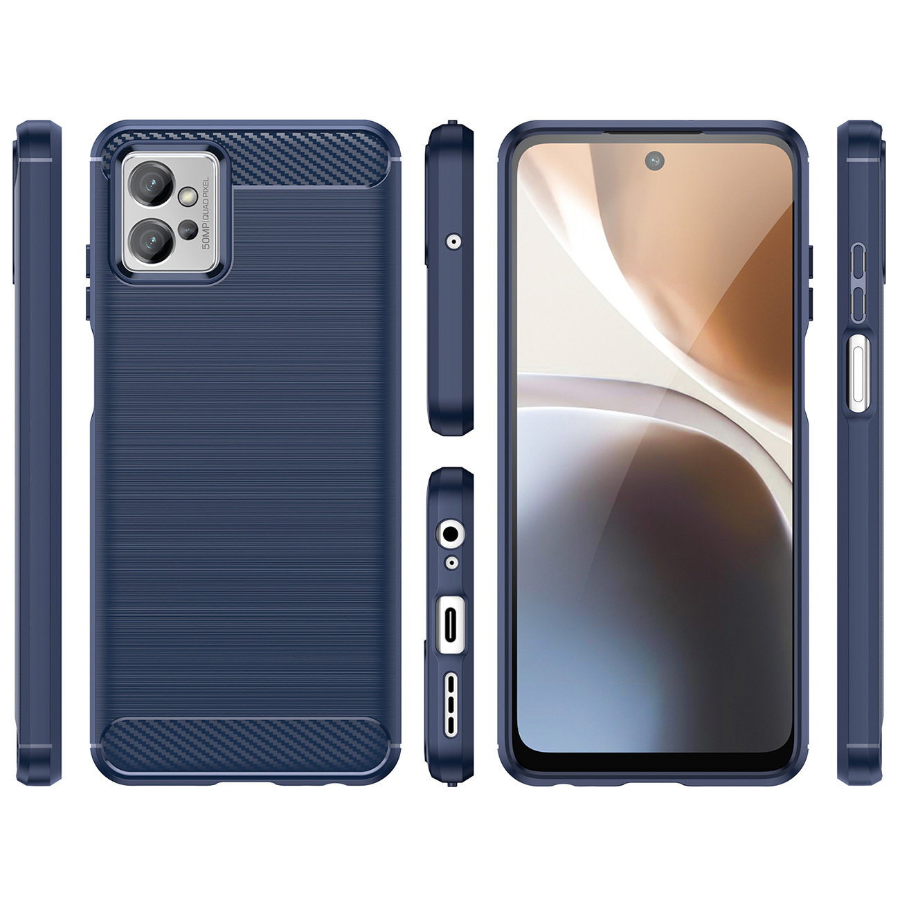 Diverse viste di uno smartphone con custodia protettiva blu e dettagli in fibra di carbonio.