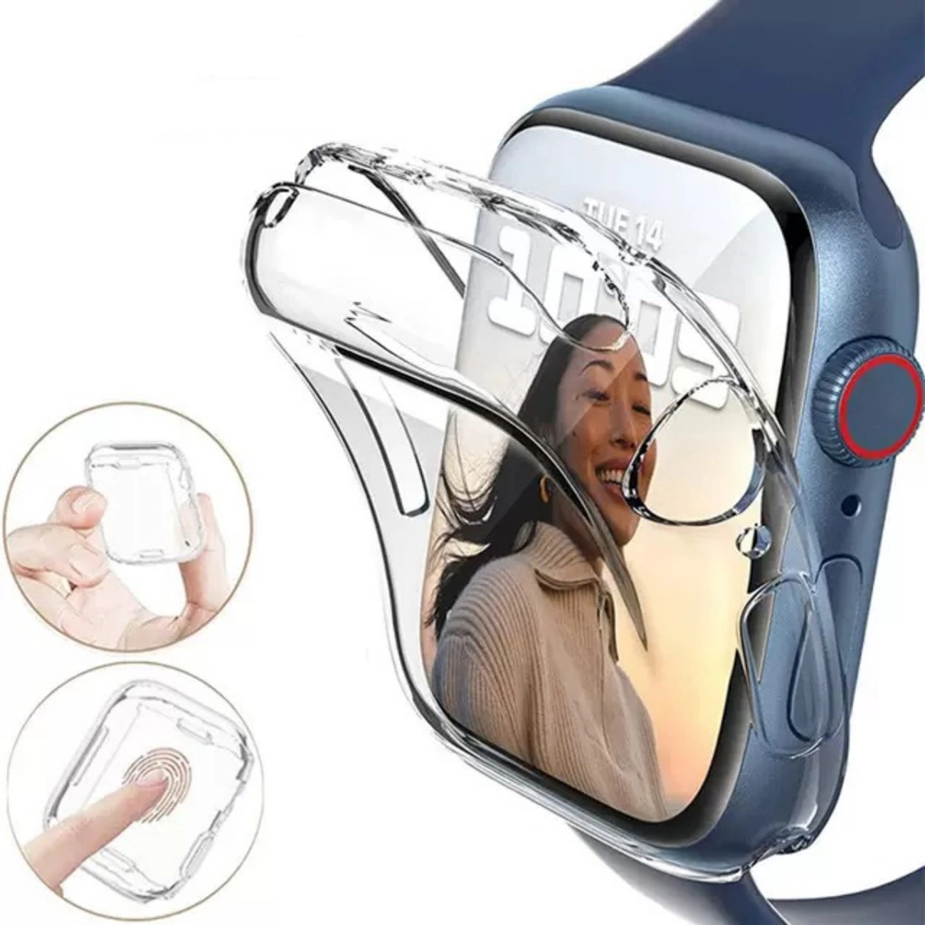 Una custodia protettiva trasparente viene posizionata su uno smartwatch blu con la foto di una donna.