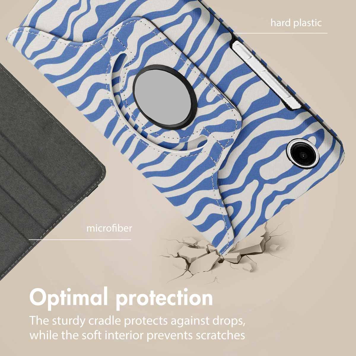 Tabletkaft met blauw-wit zebramotief, hard plastic en microfiber binnenkant voor optimale bescherming.
