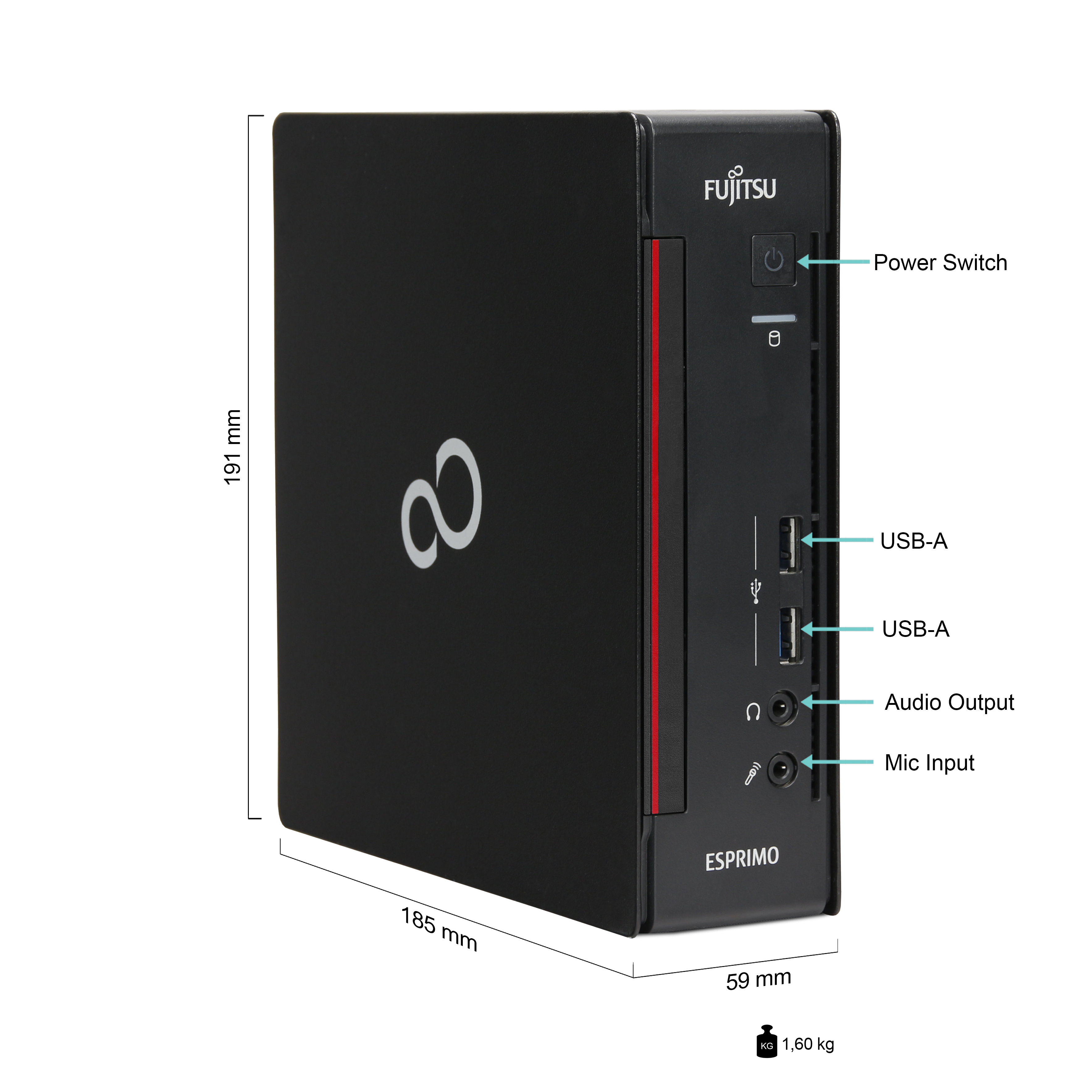 Un mini PC Fujitsu Esprimo nero con dimensioni ed etichette delle porte.