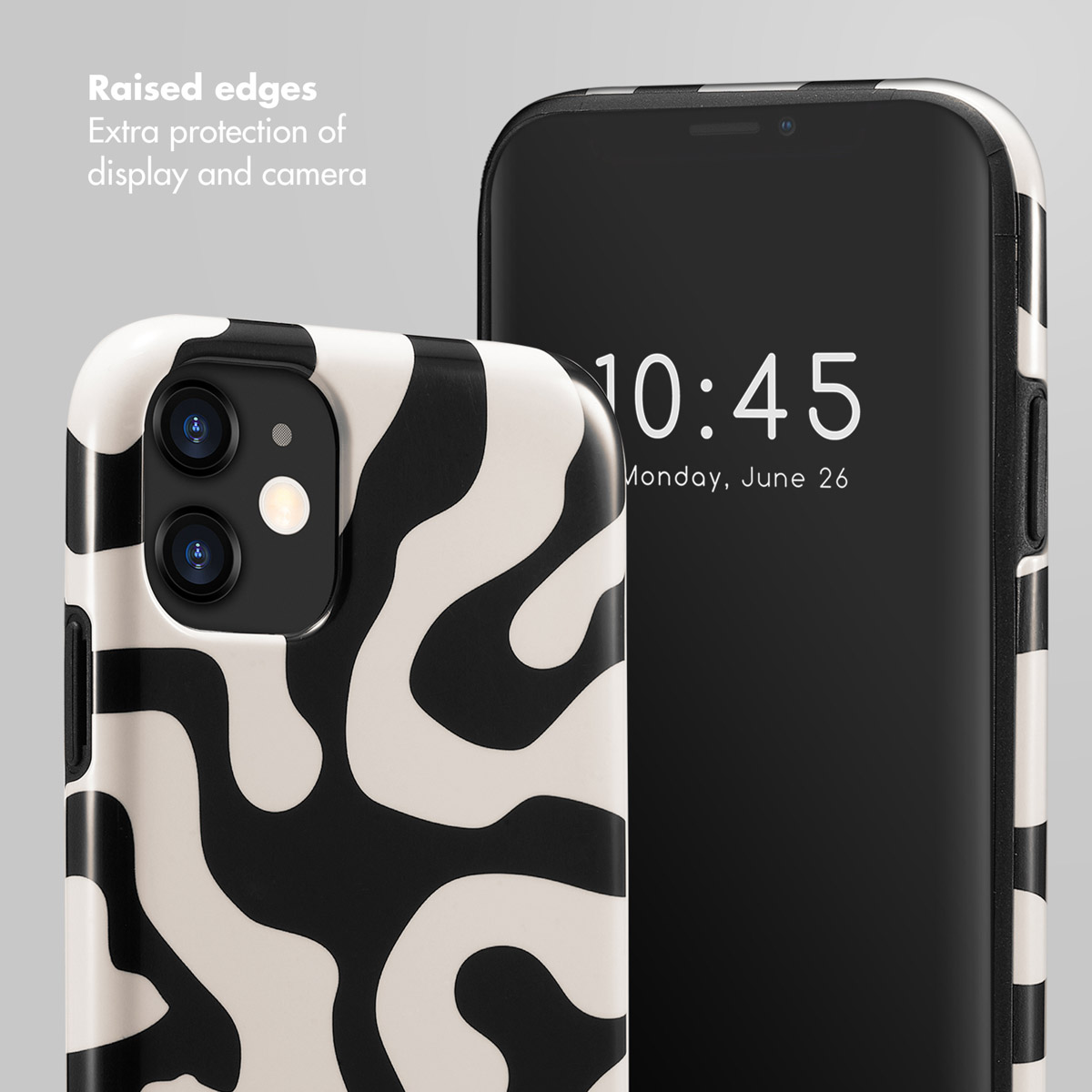 Smartphone con patrón en blanco y negro y texto que destaca bordes elevados para protección.