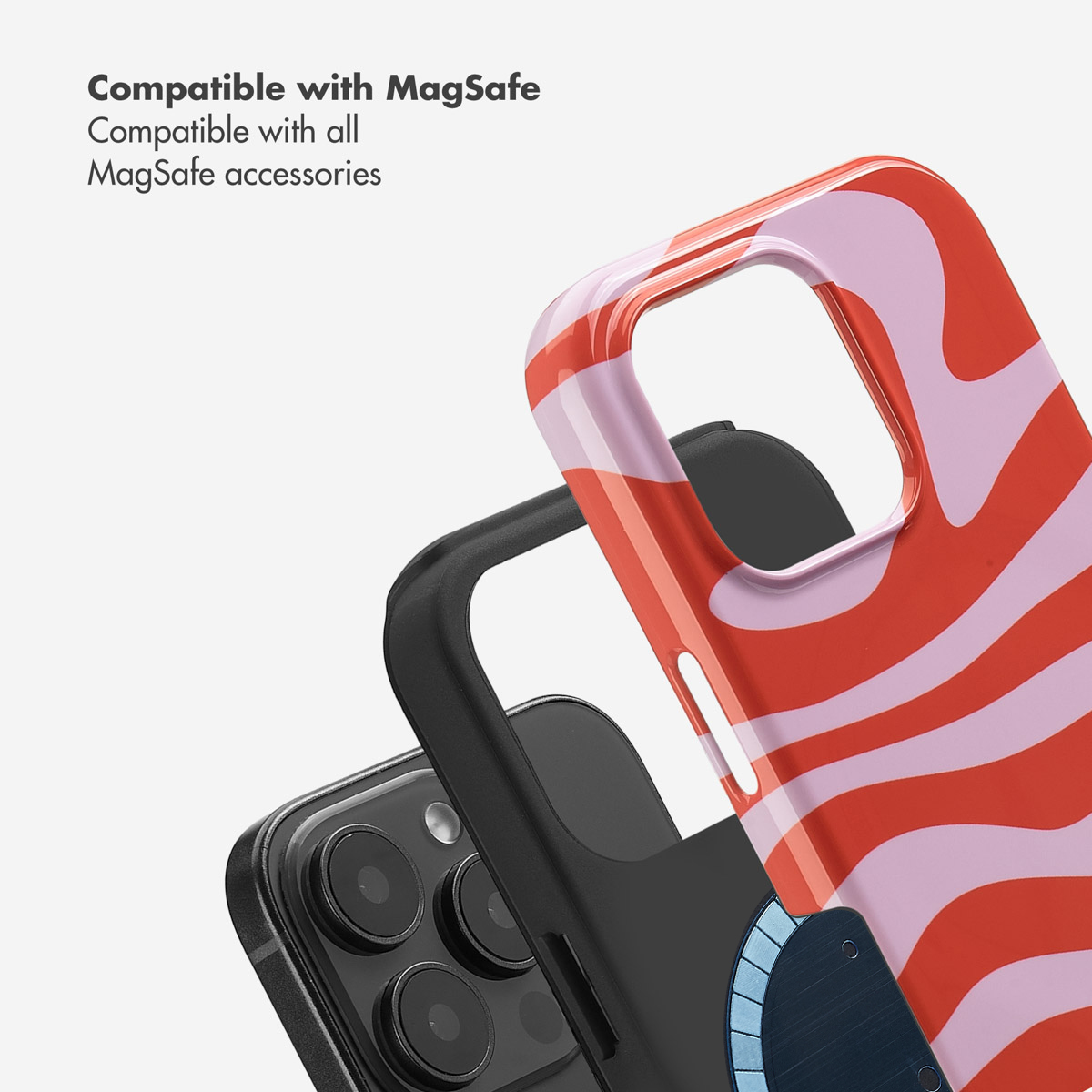Custodia per telefono MagSafe con motivo rosso e rosa davanti a uno smartphone nero.