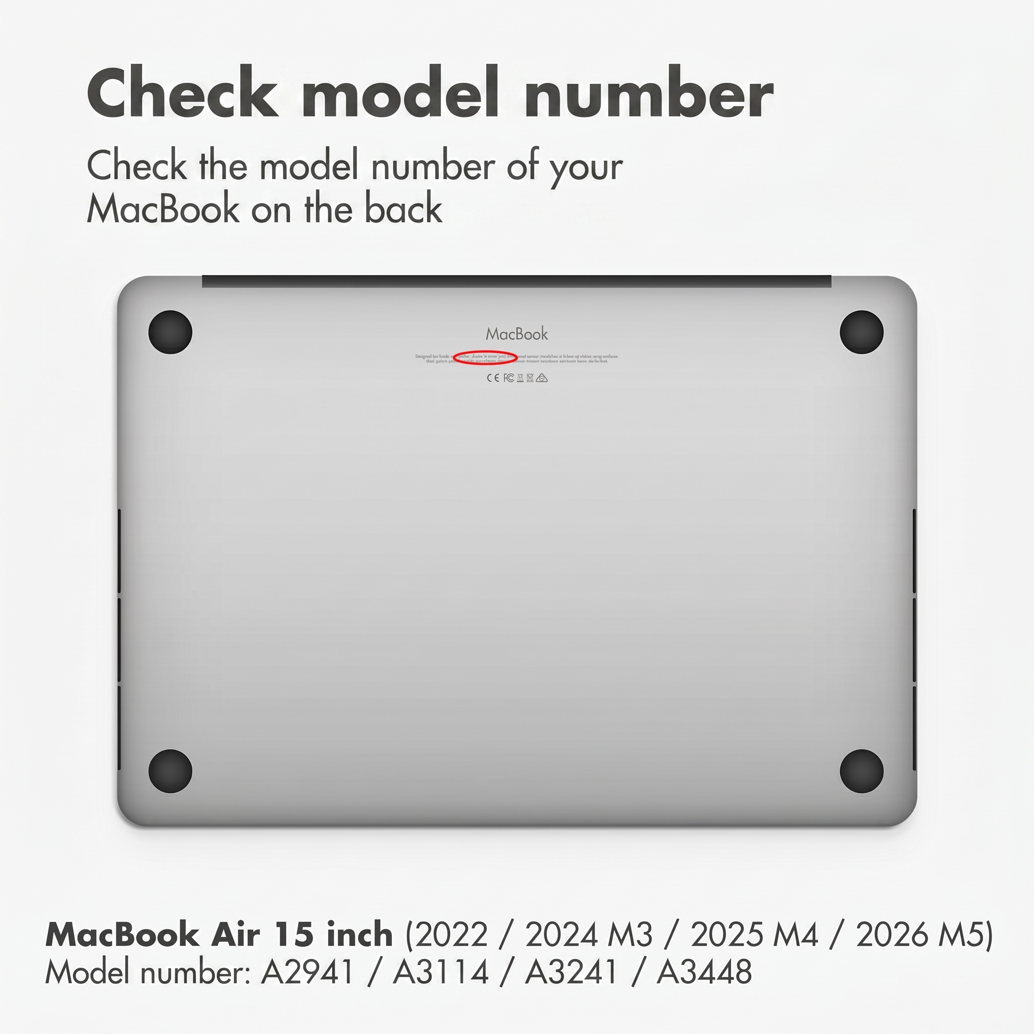Instrucciones sobre cómo verificar el número de modelo en la parte trasera de un MacBook.