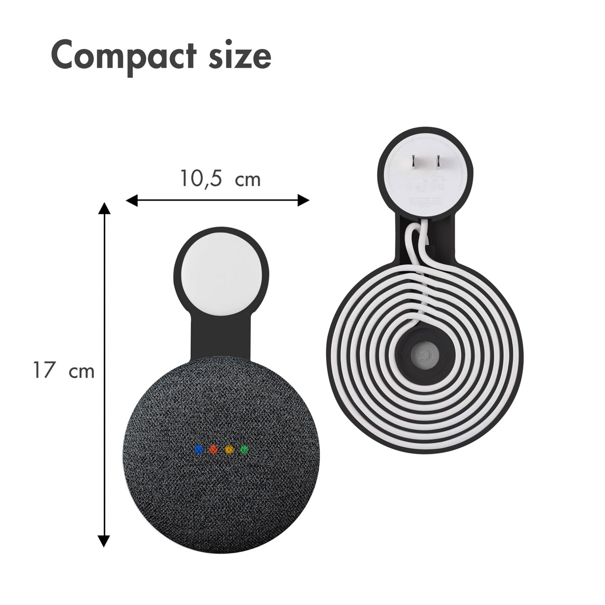 Supporto da parete compatto per Google Nest Mini con cavo ordinatamente avvolto e dimensioni di 17x10,5 cm.