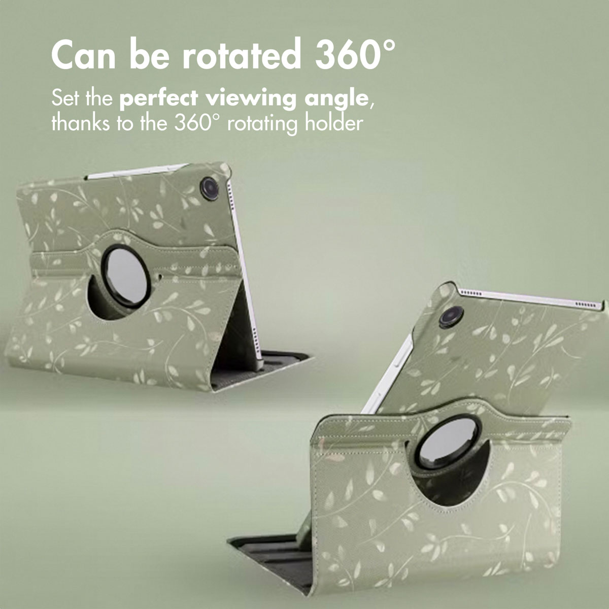 Green tablet case with leaf pattern, rotatable 360 degrees for the perfect viewing angle.