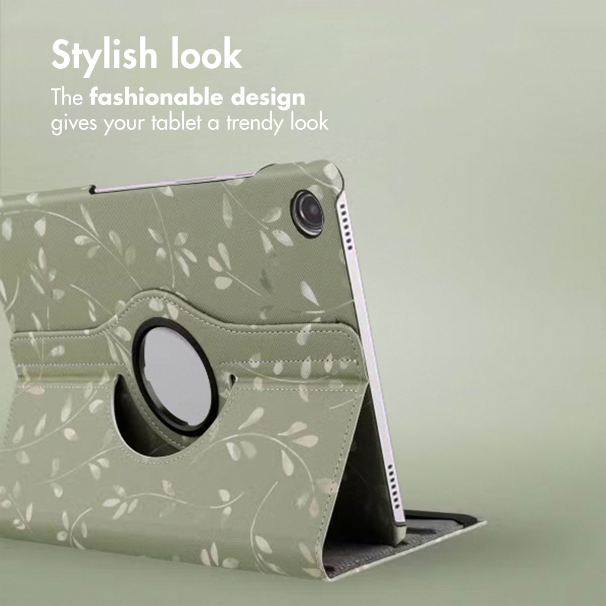 A green tablet case with a leaf pattern and built-in stand stands on a green background.