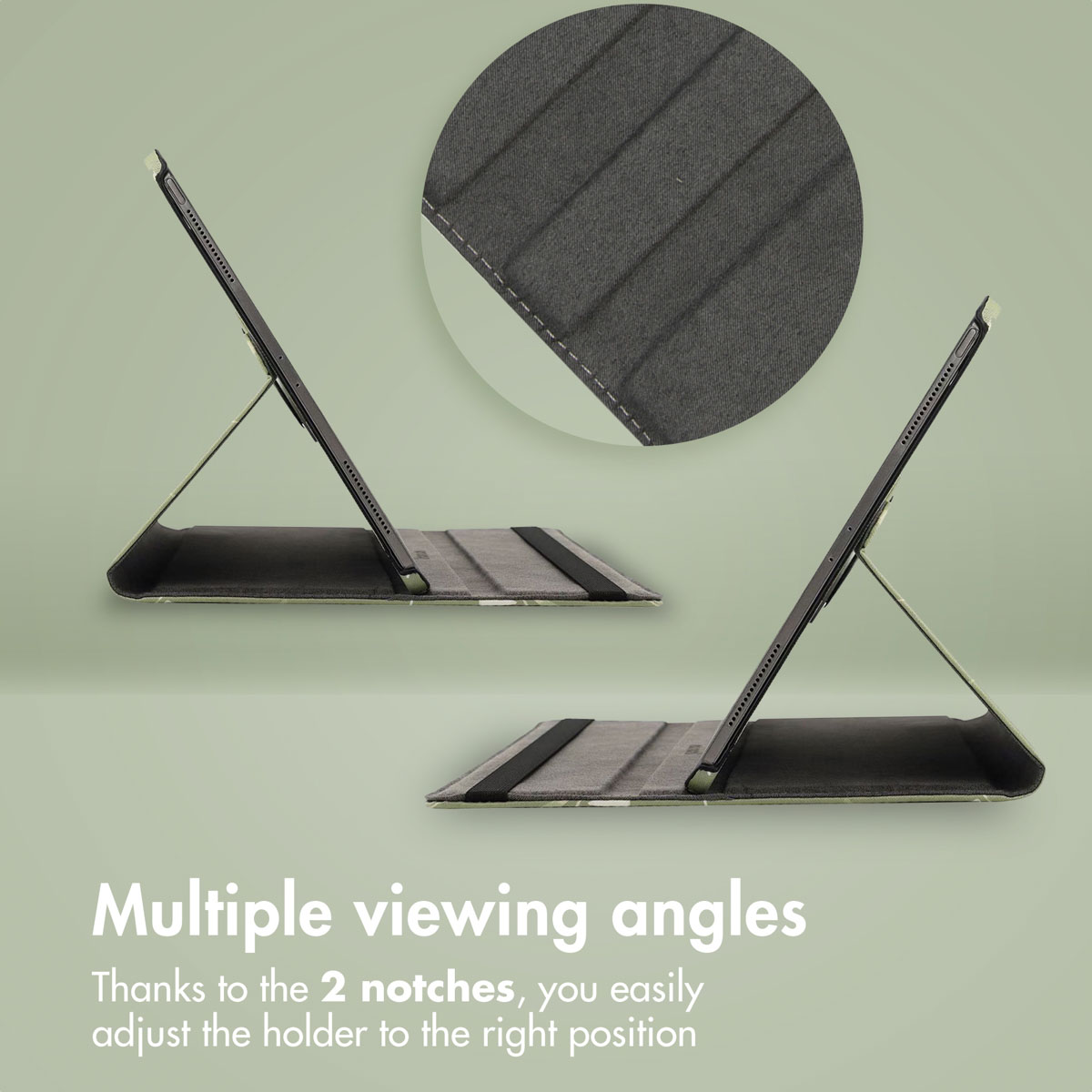 A green tablet case displays two viewing angles using built-in notches.