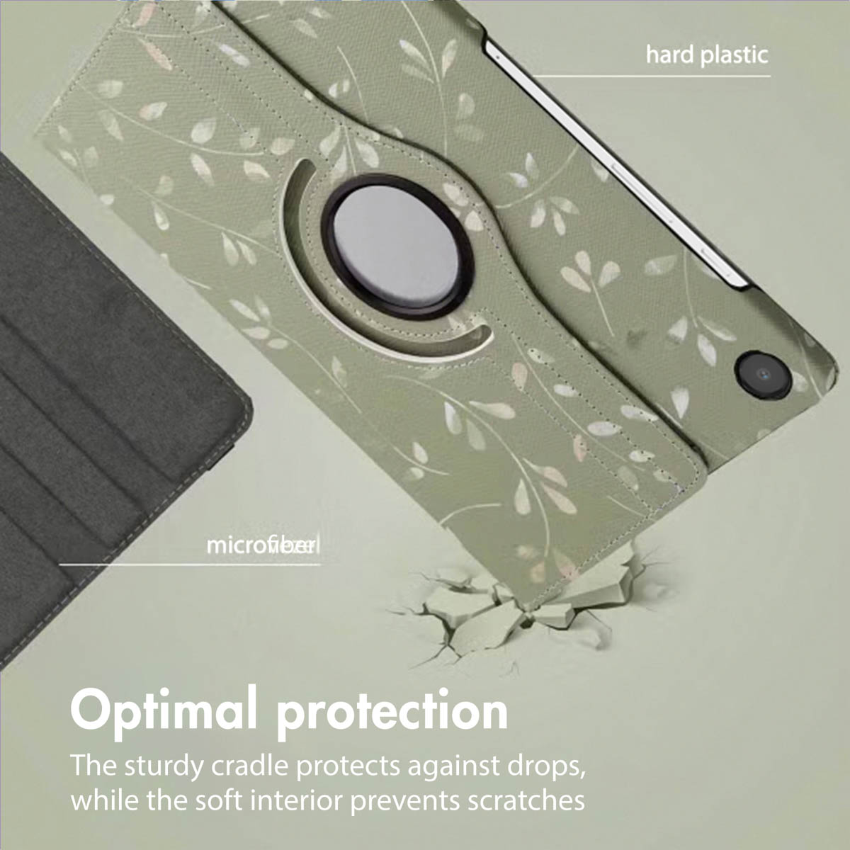 Sage green tablet case with leaf pattern, a circular stand, hard plastic exterior, and text about protection.
