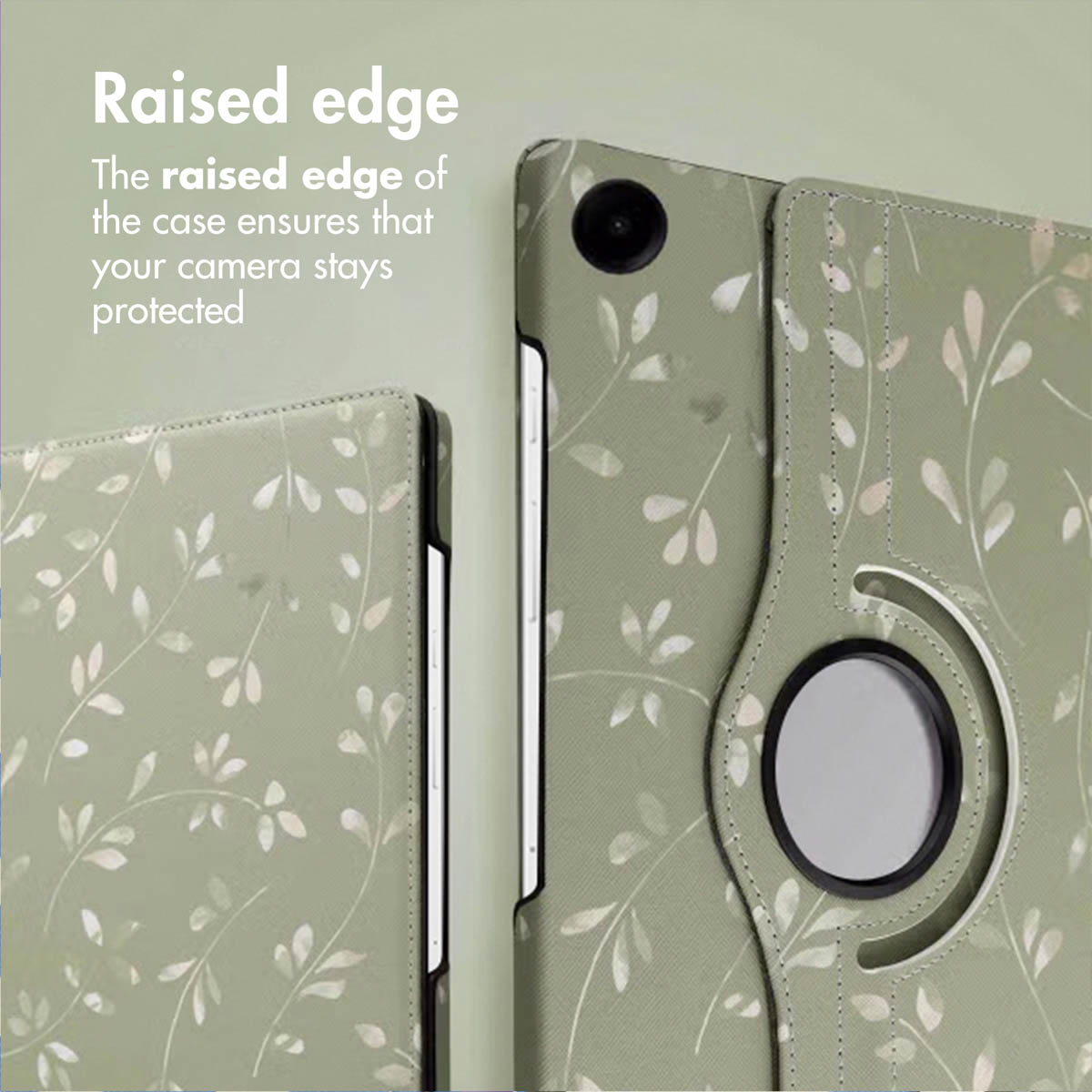 Green tablet case with leaf pattern and raised edge protecting the camera.