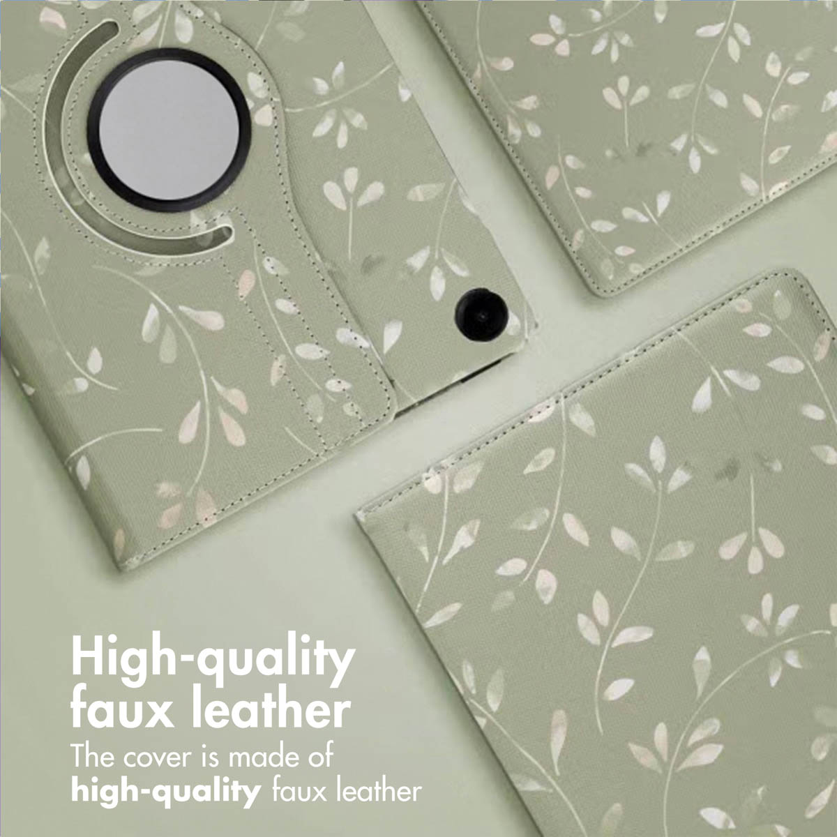 Light green faux leather tablet covers featuring a white leaf pattern and text.