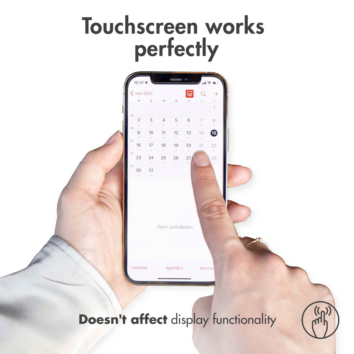 Ręka dotyka kalendarza w smartfonie z napisem Touchscreen works perfectly.