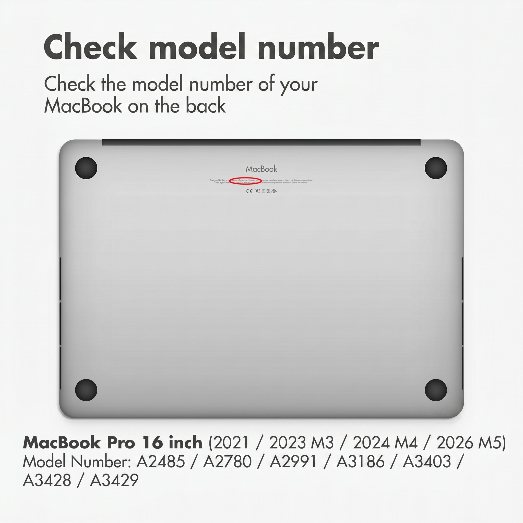 Guía para verificar el número de modelo en la parte inferior de un MacBook, mostrando los números de modelo.