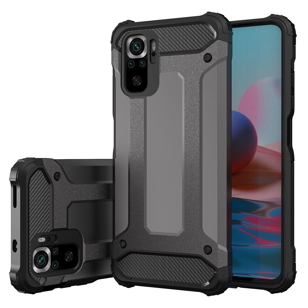 Custodia protettiva nera e grigia robusta per uno smartphone con telecamere visibili.